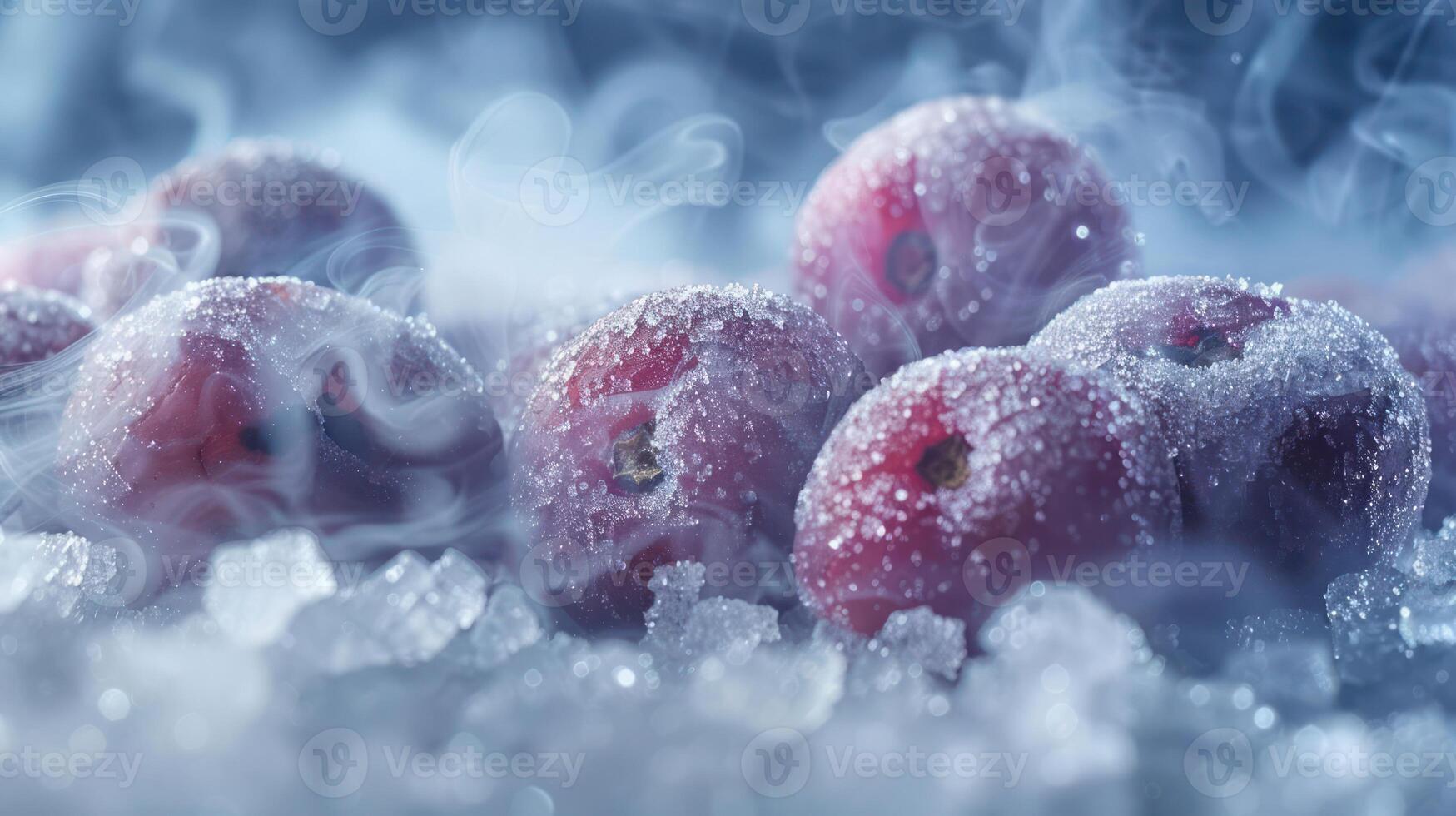 Frosted red berries surrounded by ice, creating a chilly, ethereal atmosphere. photo