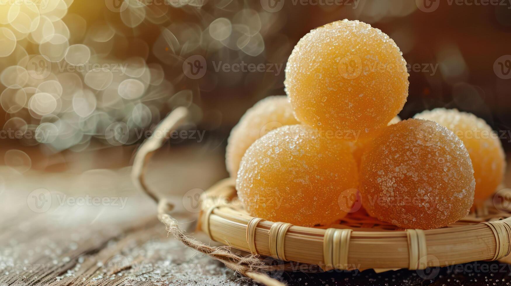 Four round, orange sweets coated in sugar on a woven plate, with a soft-focus background. photo