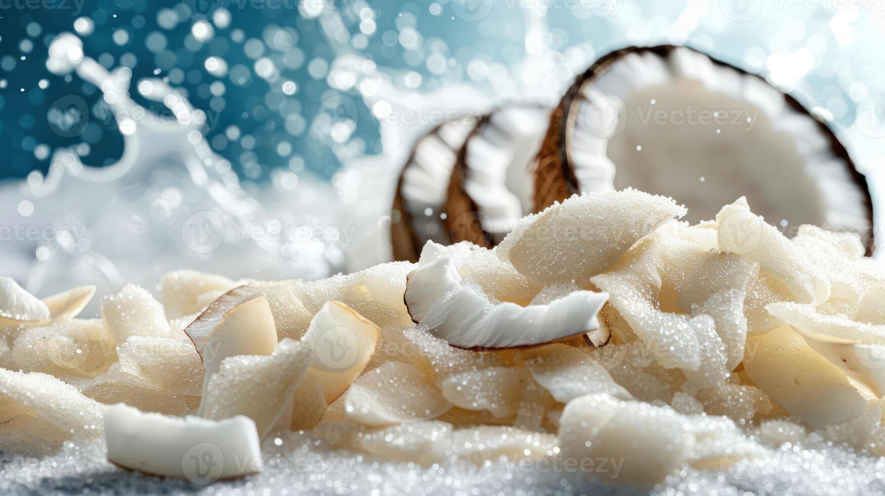 Coconut pieces scattered on a surface with splashes of water in the background. photo