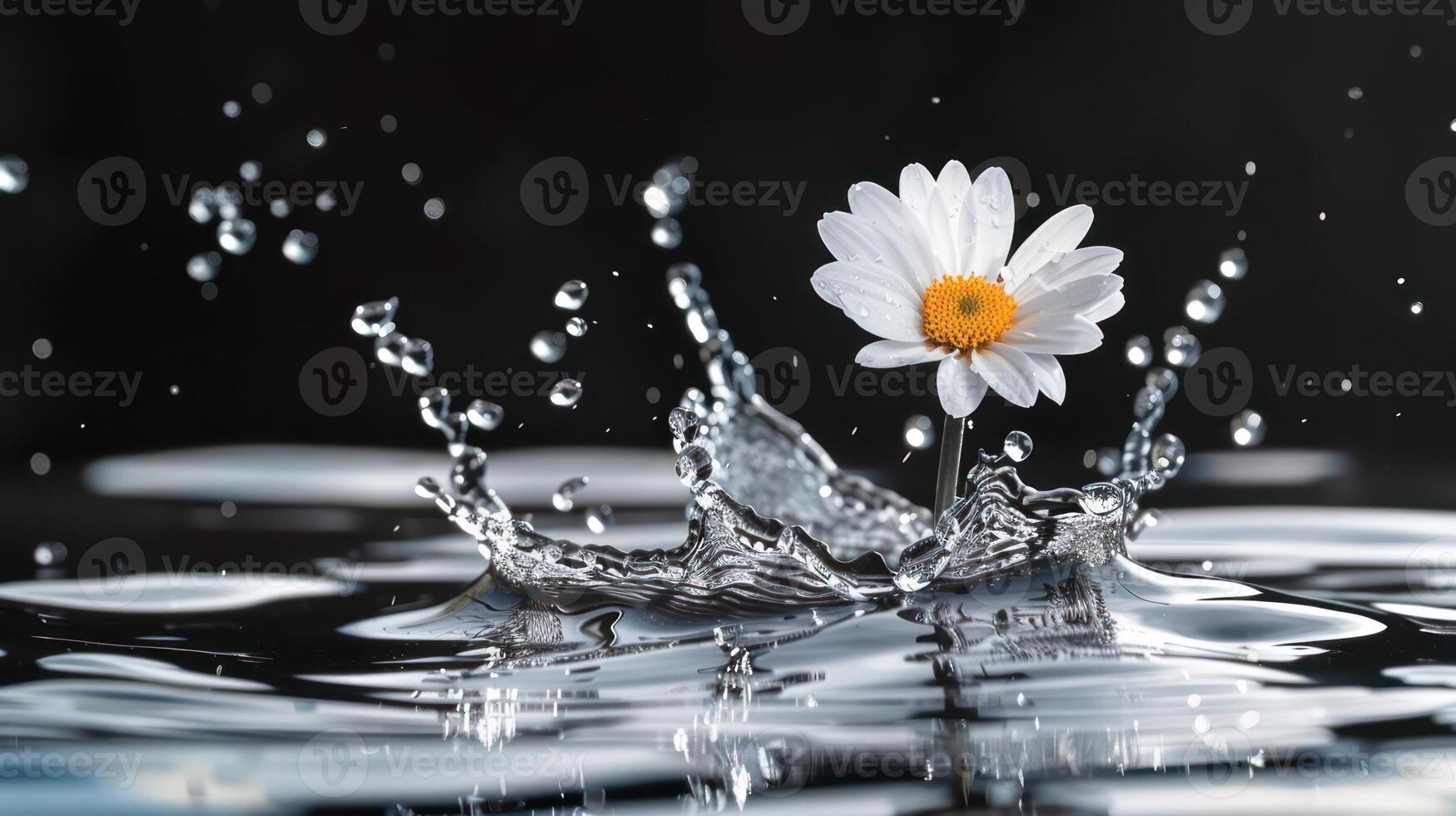 A daisy flower splashes in water, creating a dynamic and artistic scene. photo