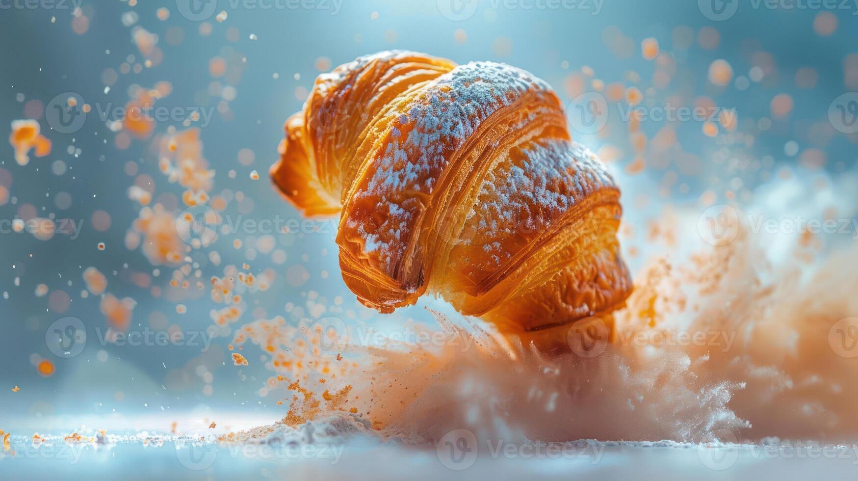 A croissant appears to leap through a cloud of flour, showcasing its flaky texture. photo