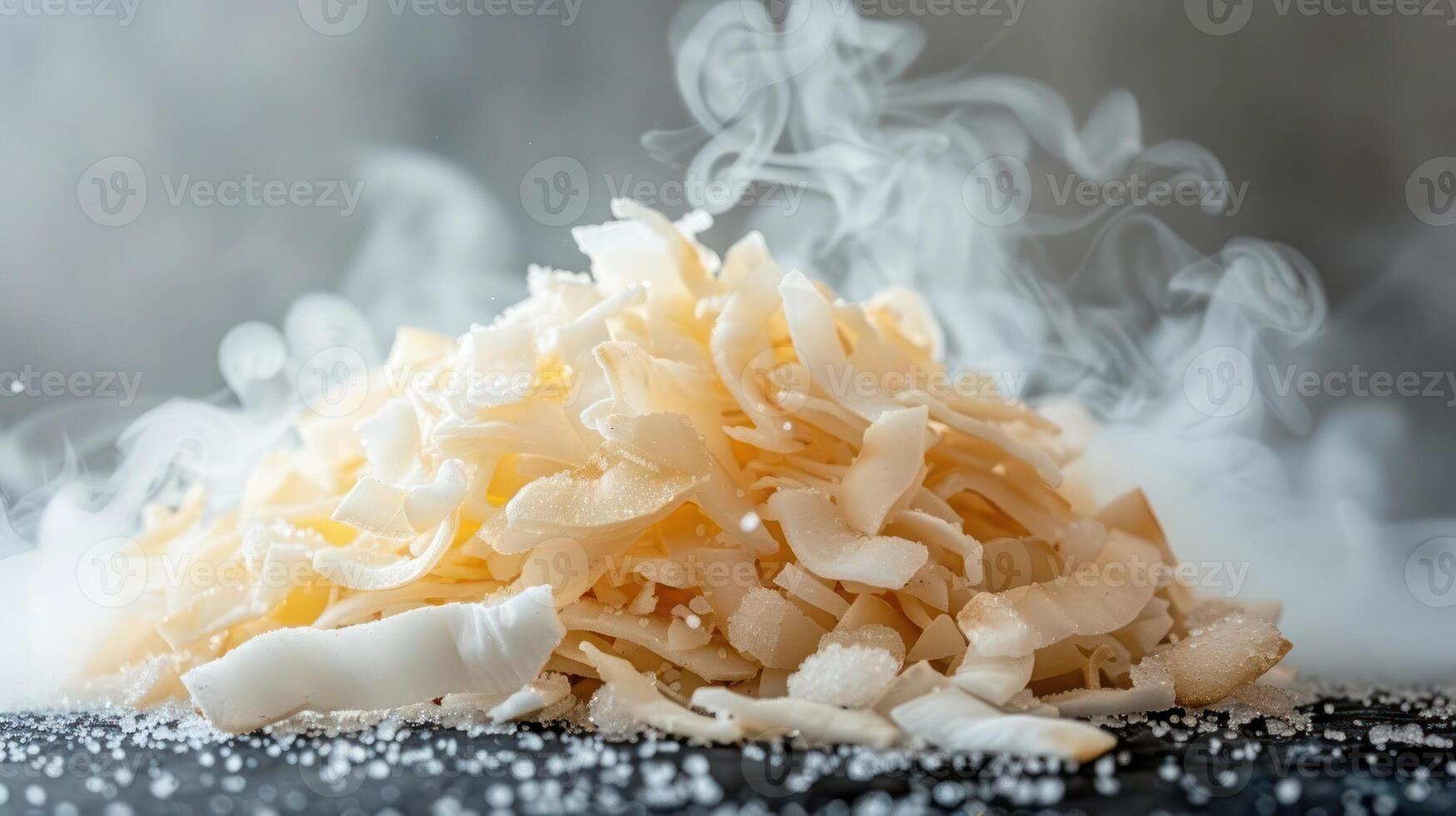 A pile of shredded coconut with steam rising, suggesting freshness and culinary use. photo