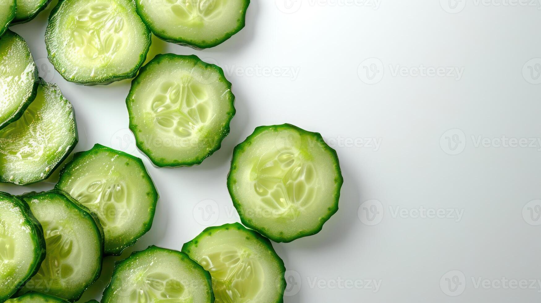 Fresh cucumber slices arranged on a light surface, showcasing their vibrant color and texture. photo