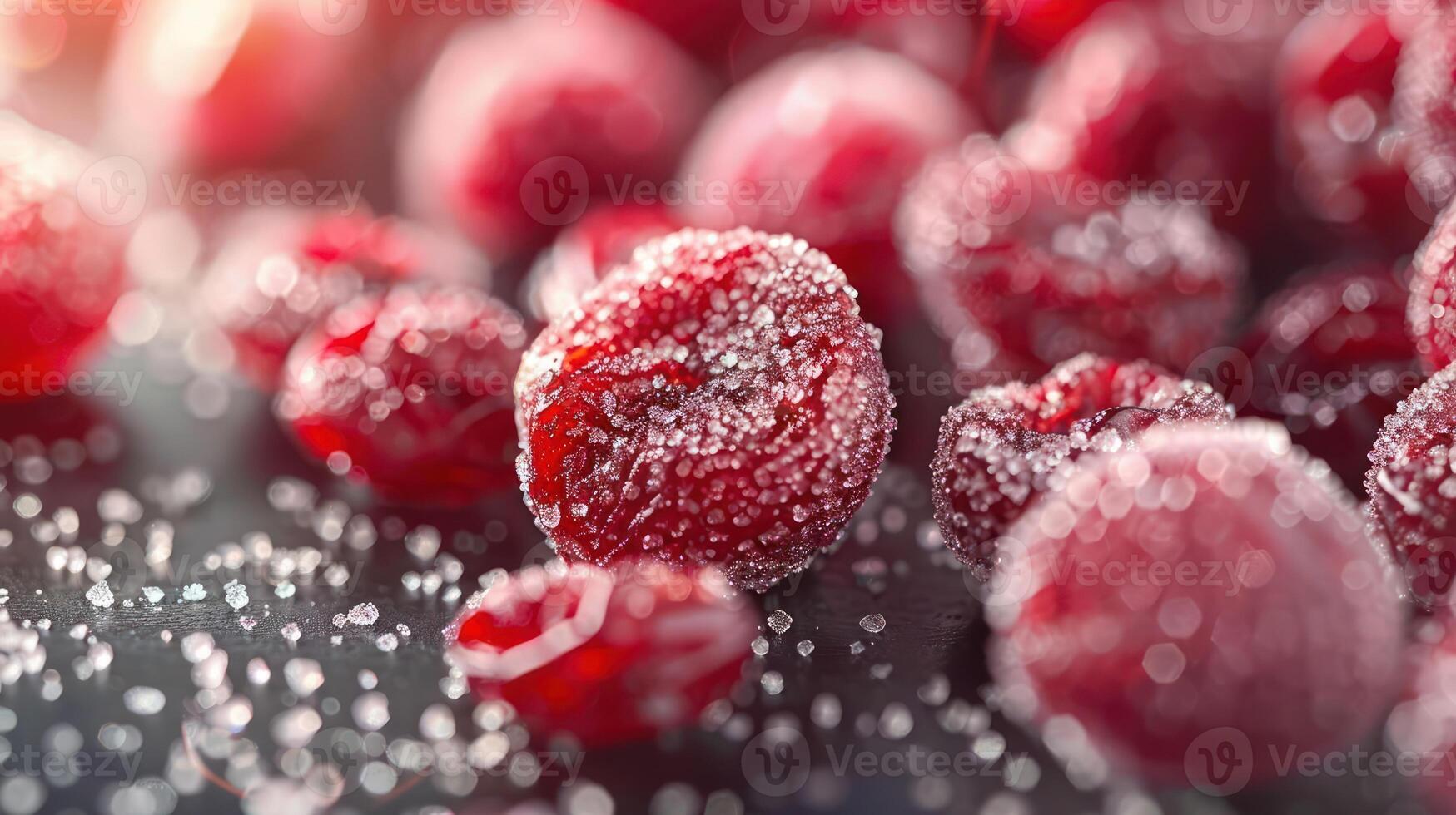 Close-up of sugared raspberries on a dark surface, showcasing their texture and shine. photo