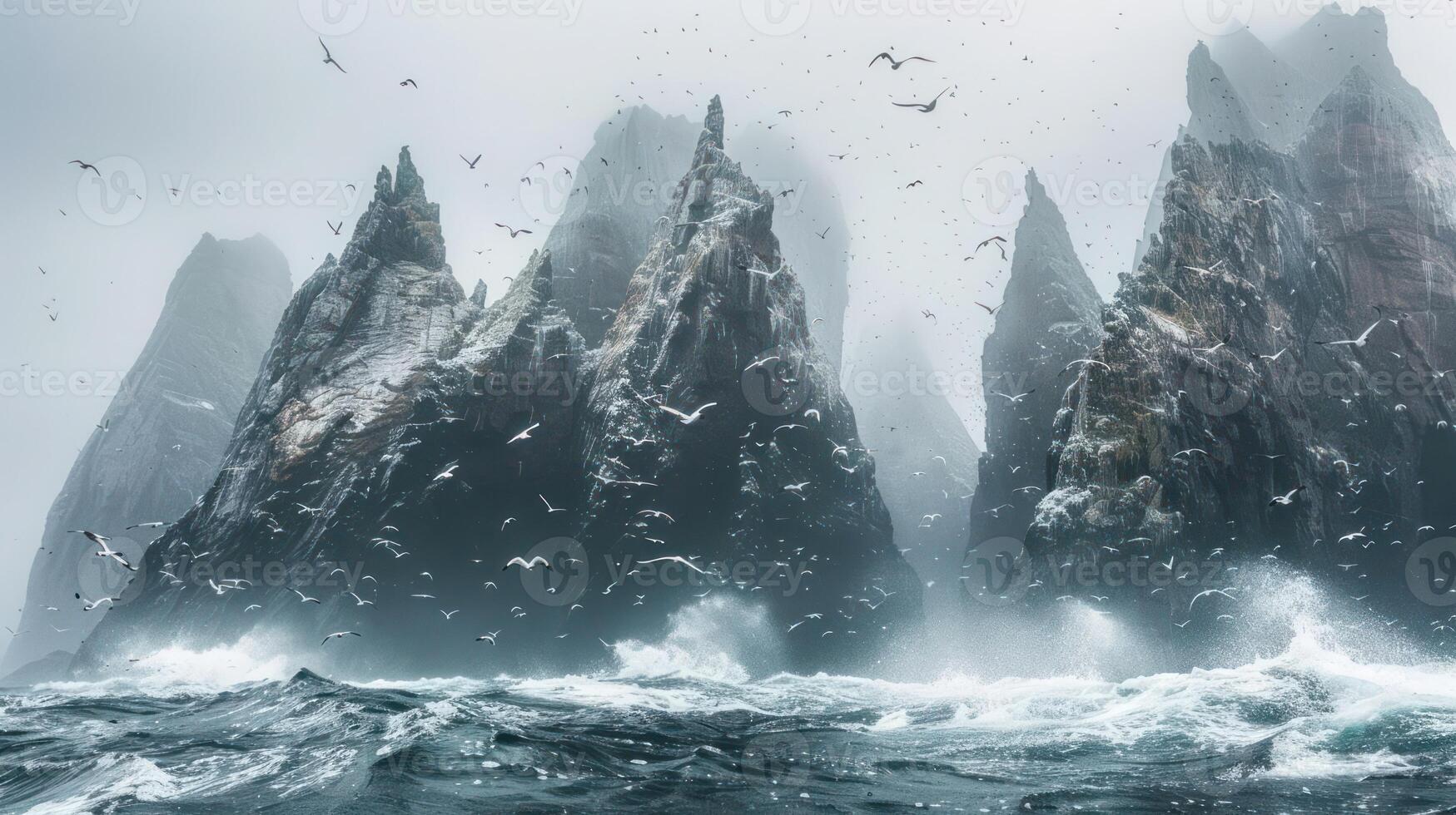 A dramatic seascape featuring towering rocky formations amidst turbulent waves and birds. photo