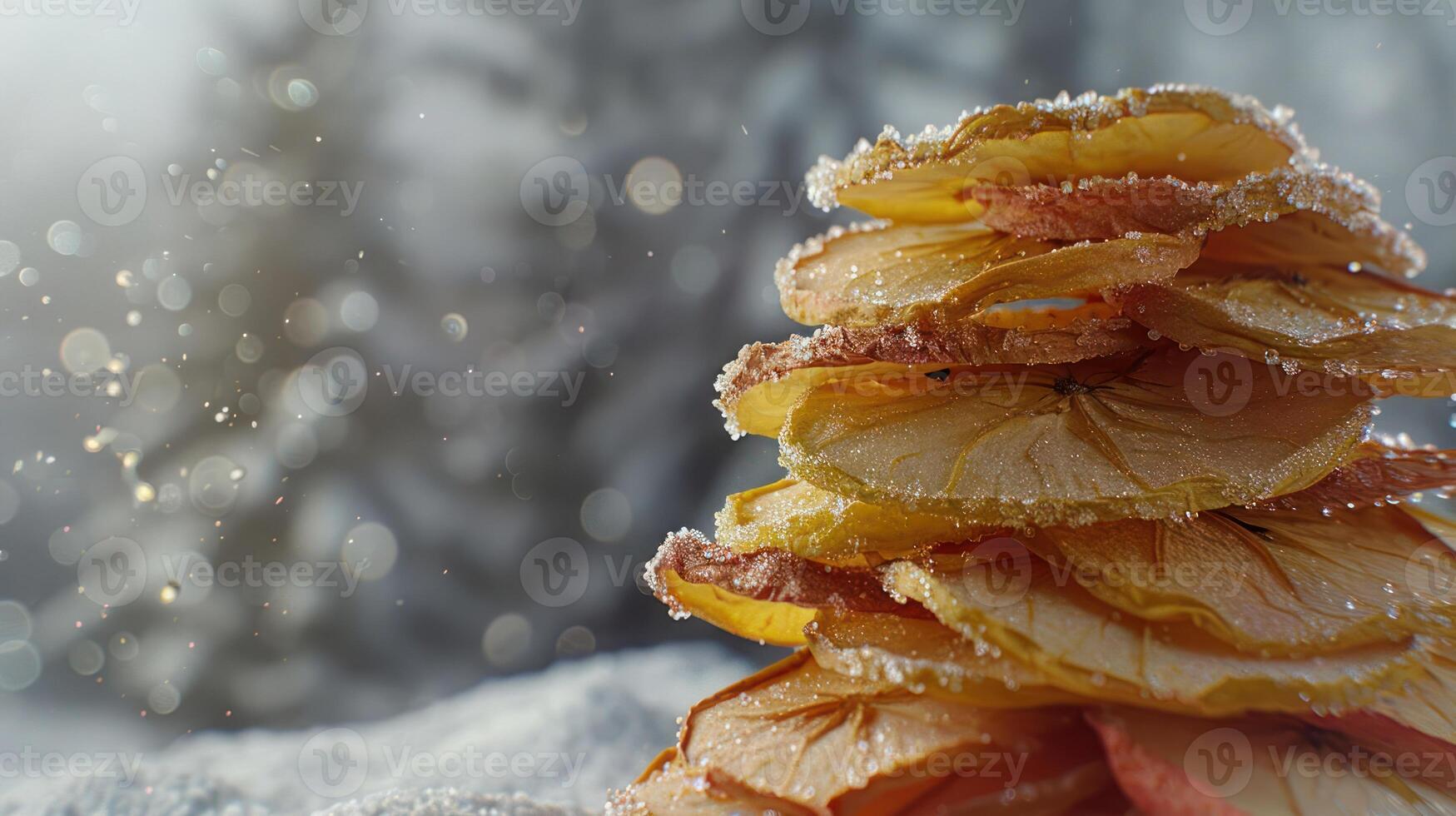 A decorative stack of dried fruit slices, dusted with snow, set against a blurred winter backdrop. photo
