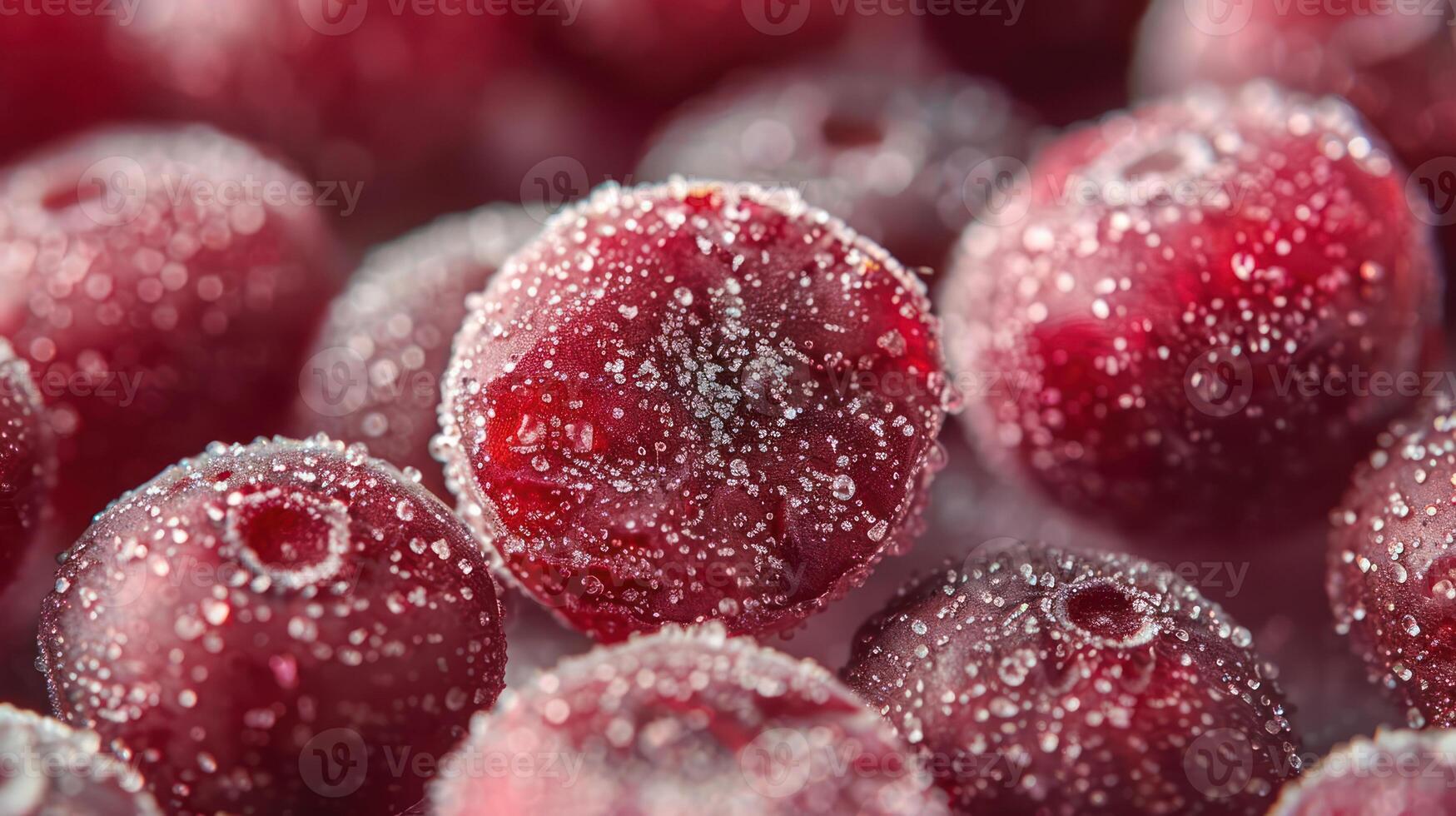 A close-up of frozen red berries coated in sugar, showcasing their texture and color. photo