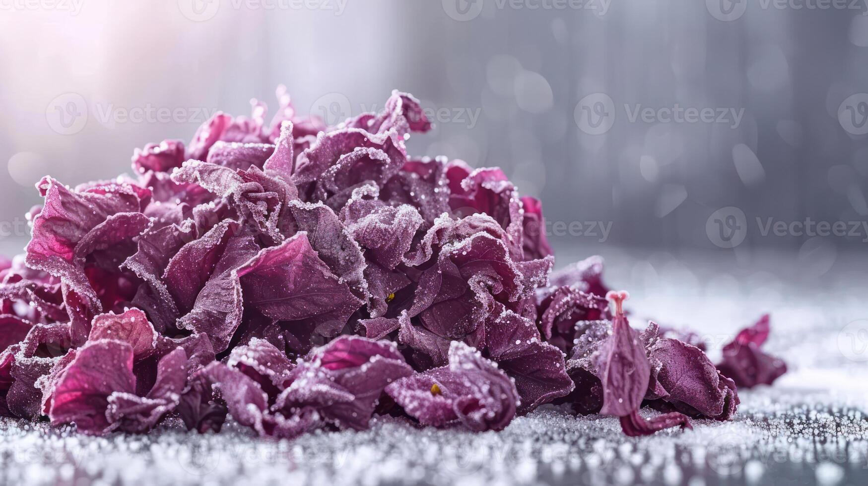 Close-up of dried purple petals sprinkled with salt, creating a textured, artistic display. photo