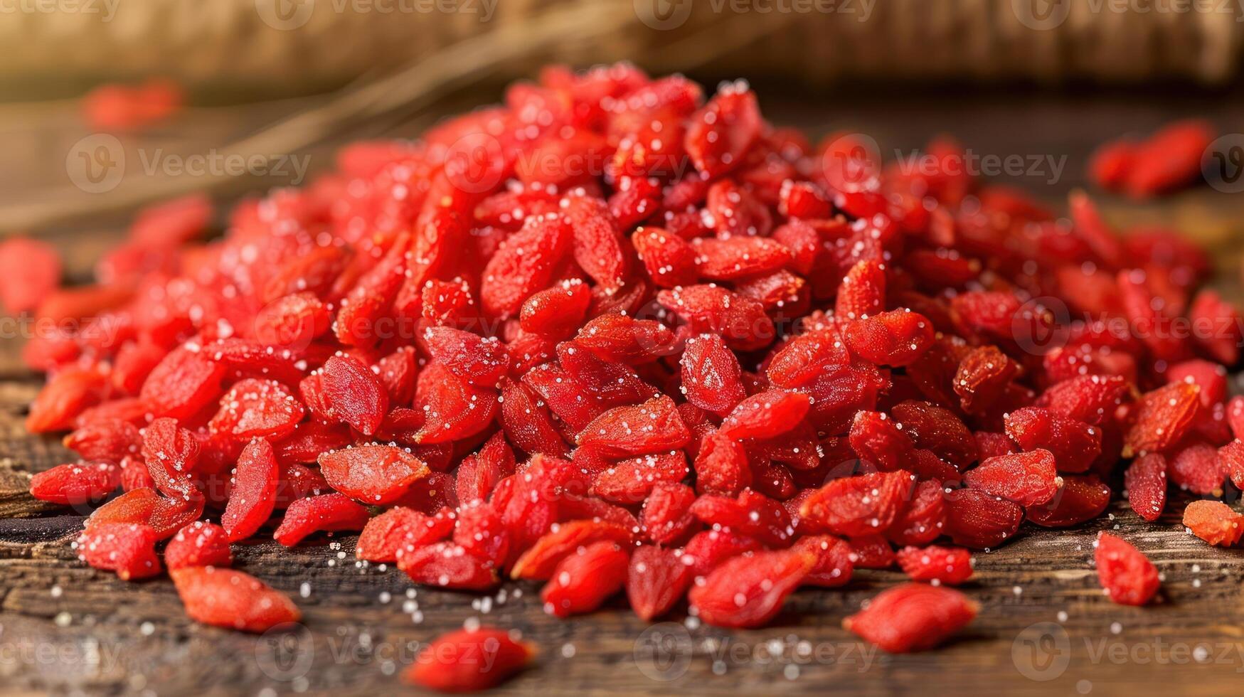 A pile of dried goji berries on a wooden surface, showcasing their vibrant color and texture. photo