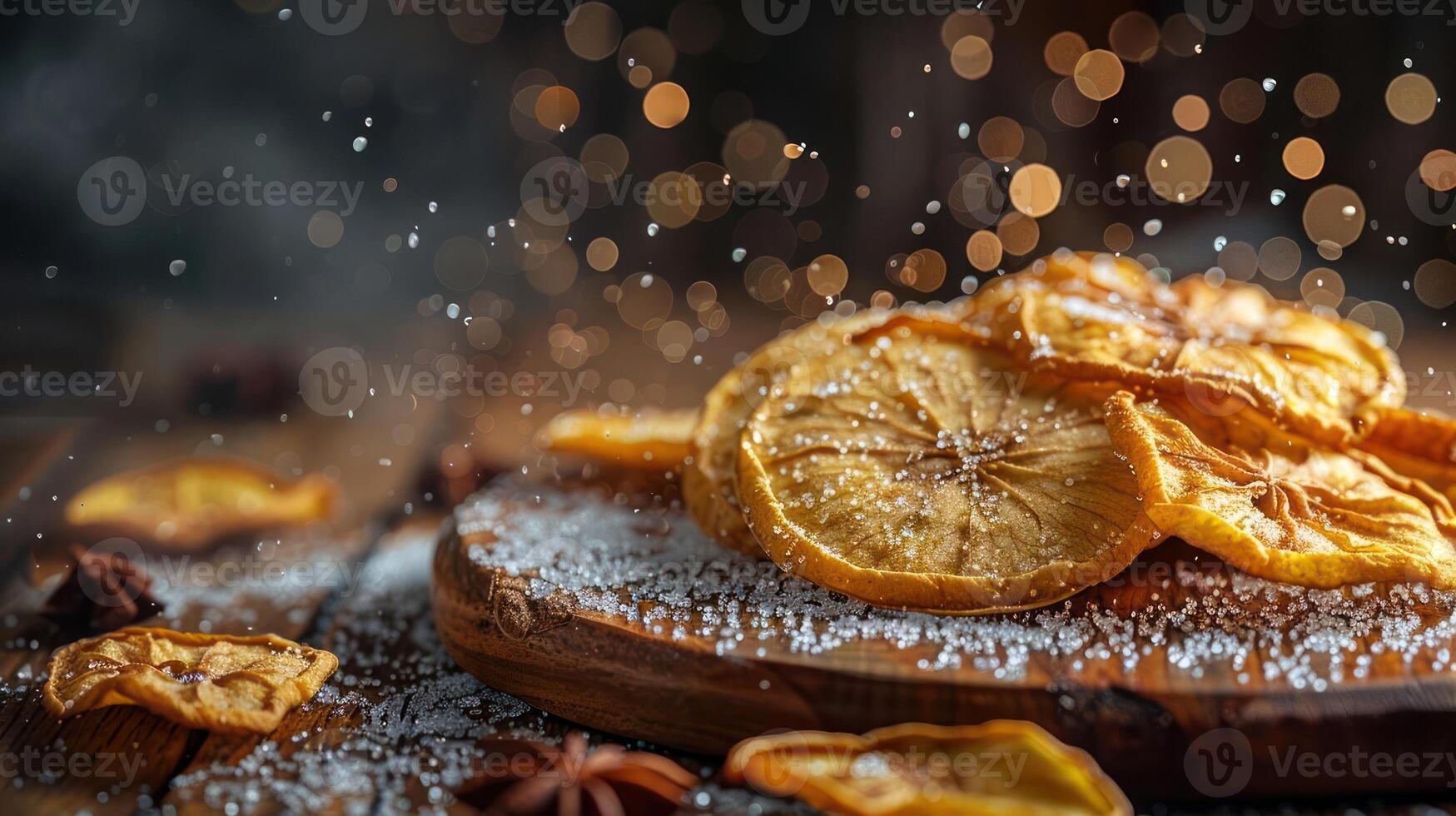 Dried citrus slices arranged on a wooden board, dusted with sugar, against a bokeh background. photo
