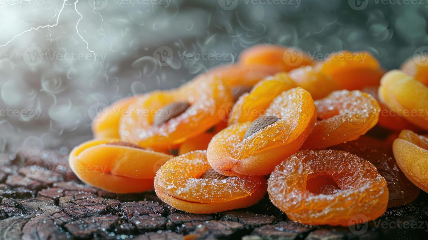 A close-up of dried apricots arranged on a textured surface. photo