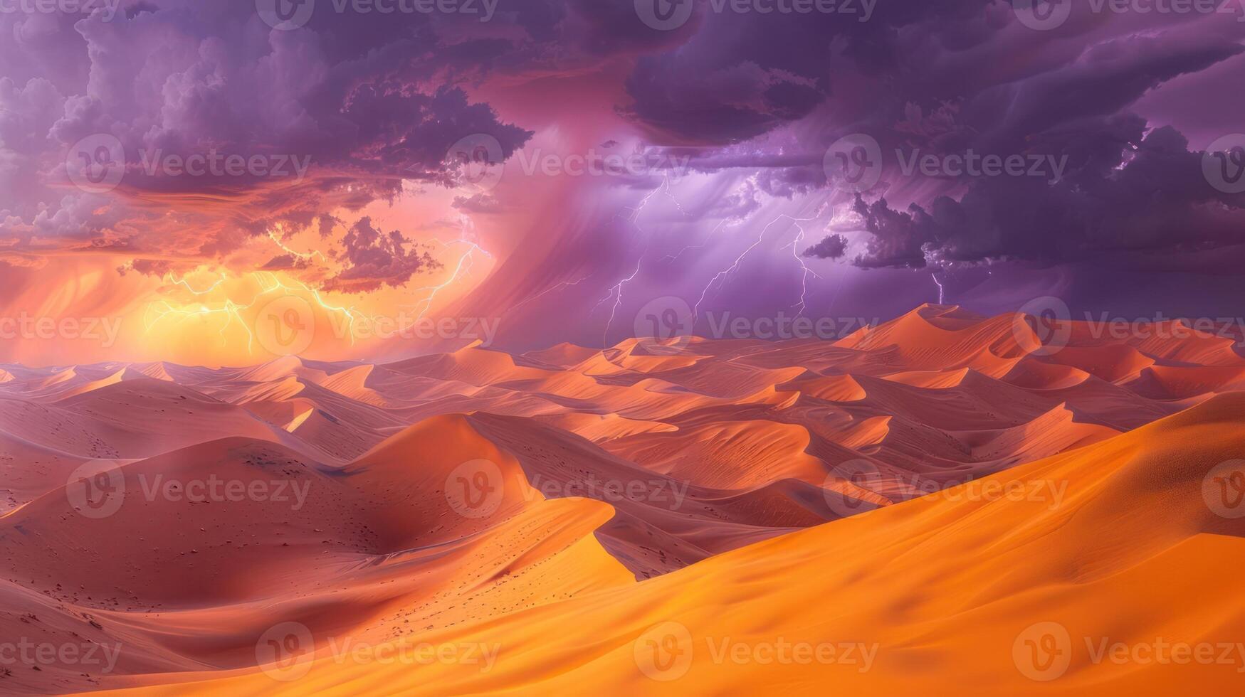 A dramatic desert landscape illuminated by a stormy sky and lightning. photo