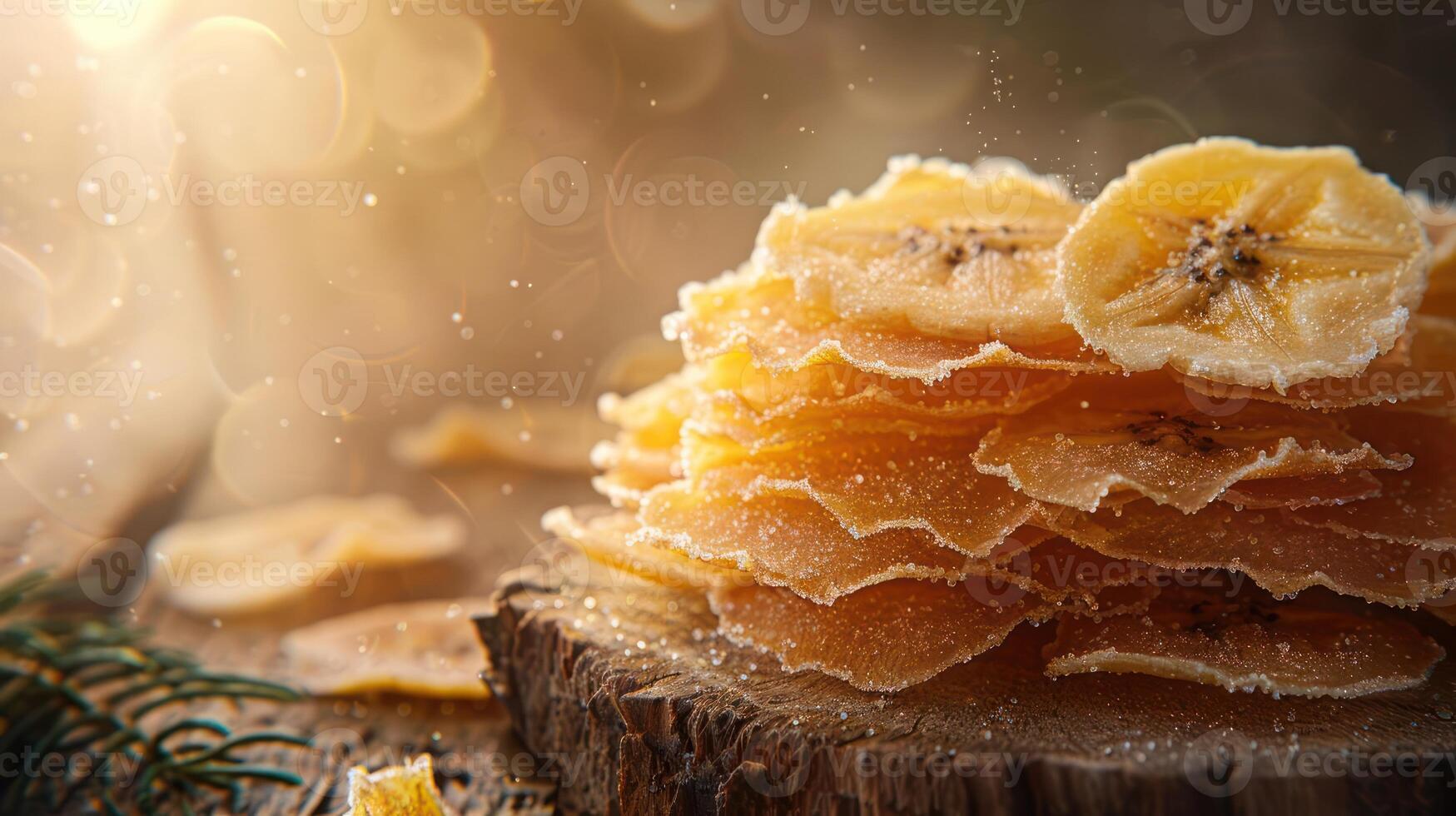 A close-up of stacked banana chips on a wooden surface, illuminated by soft, natural light. photo