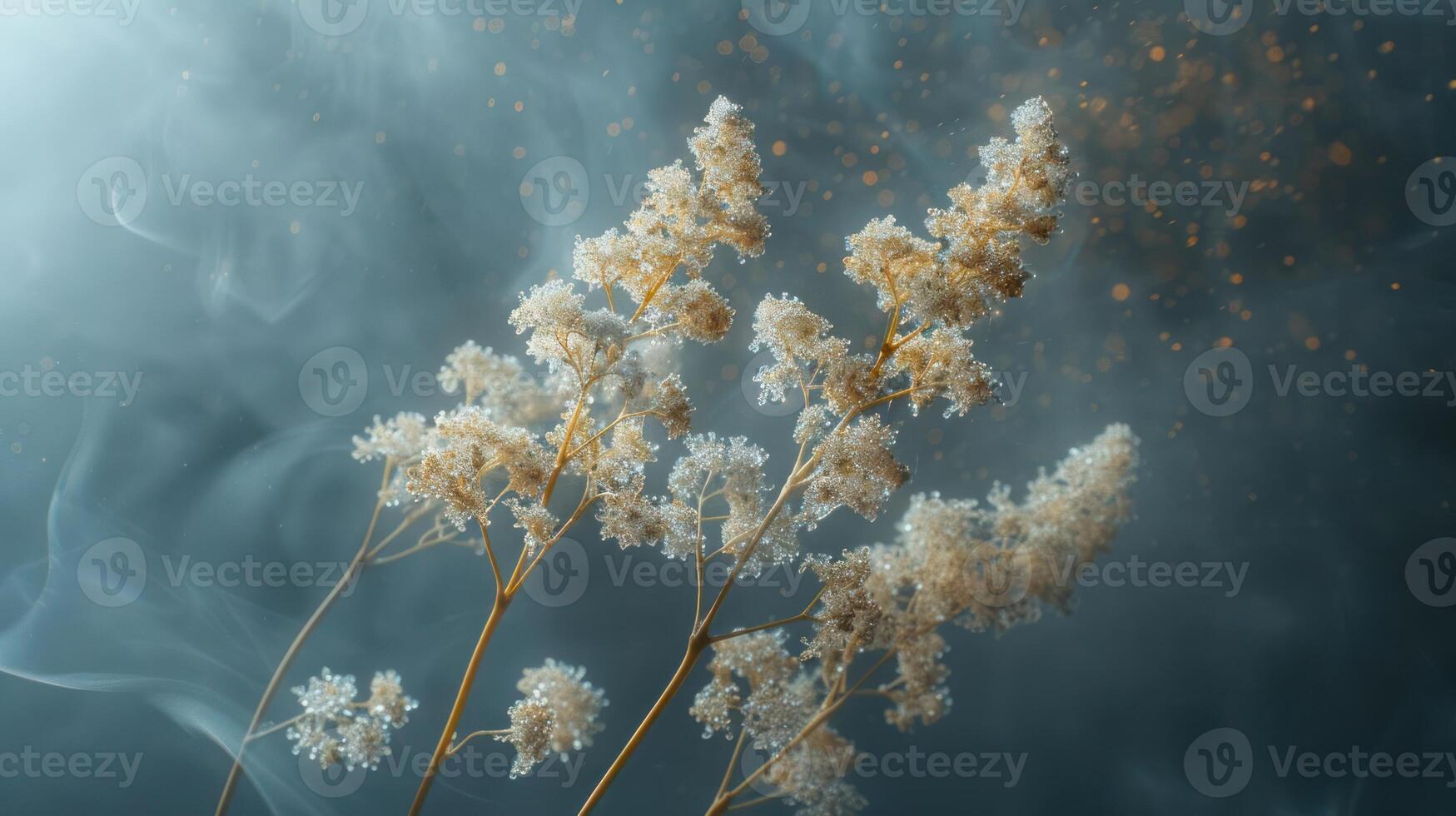 Delicate white flowers against a smoky background, creating a serene and ethereal atmosphere. photo