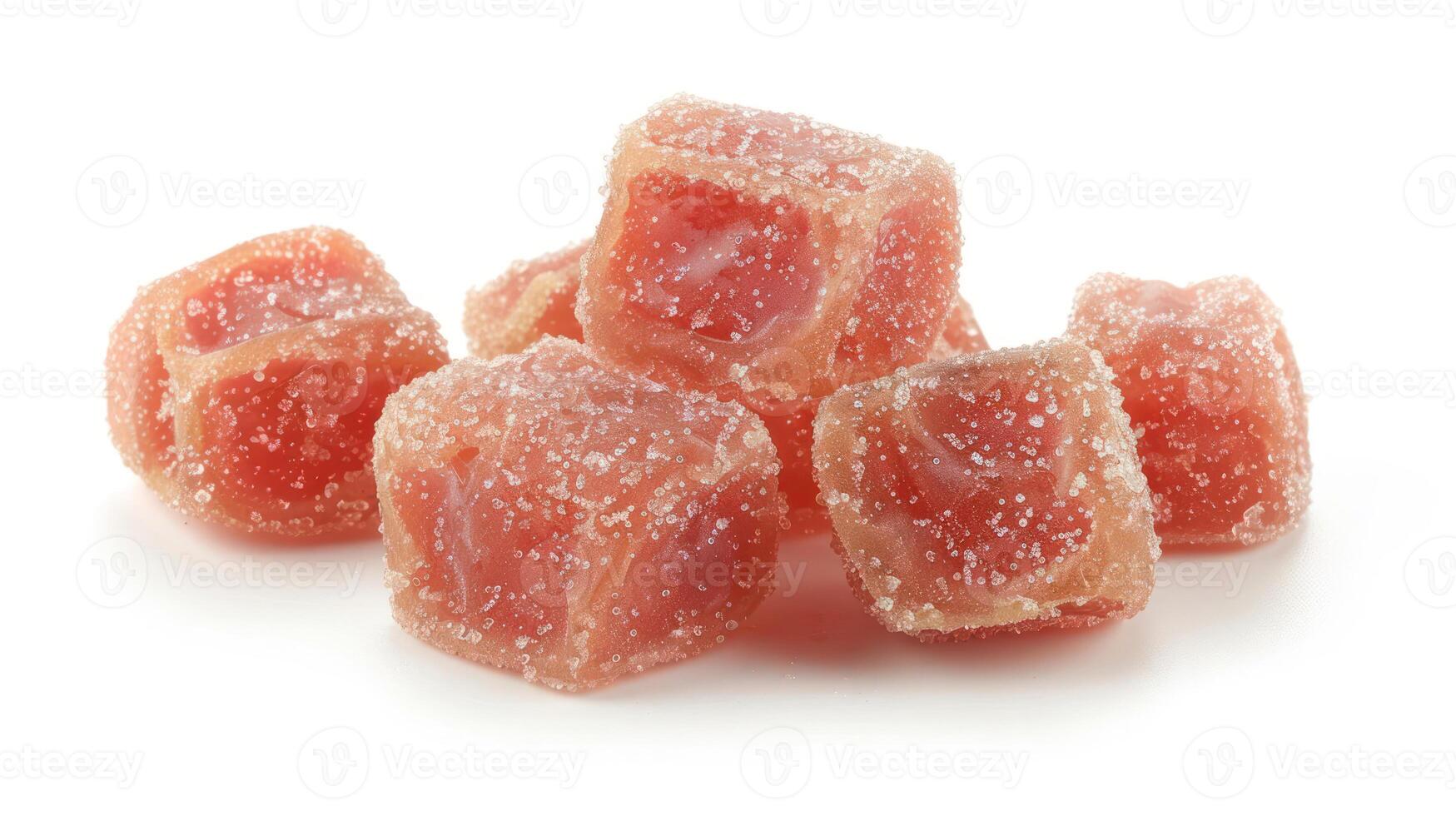 A pile of sugar-coated gummy candies in a vibrant pink hue. photo