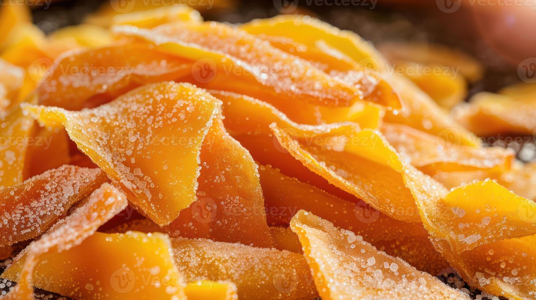 A close-up of sweet, dried mango slices sprinkled with sugar. photo