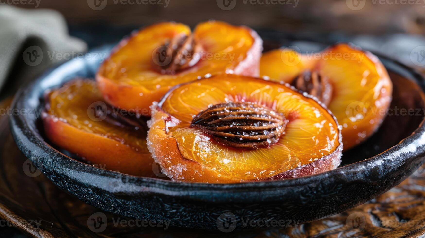 A close-up of glazed peach slices with nuts on a dark plate, showcasing a delicious dessert. photo