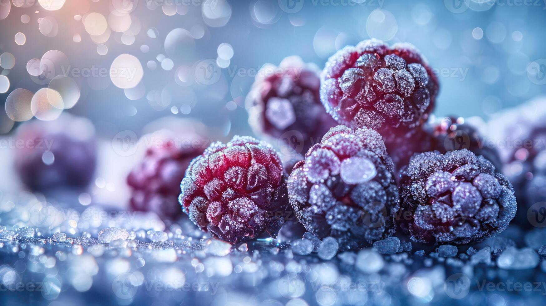 Frosted raspberries glistening on a surface with a bokeh background. photo
