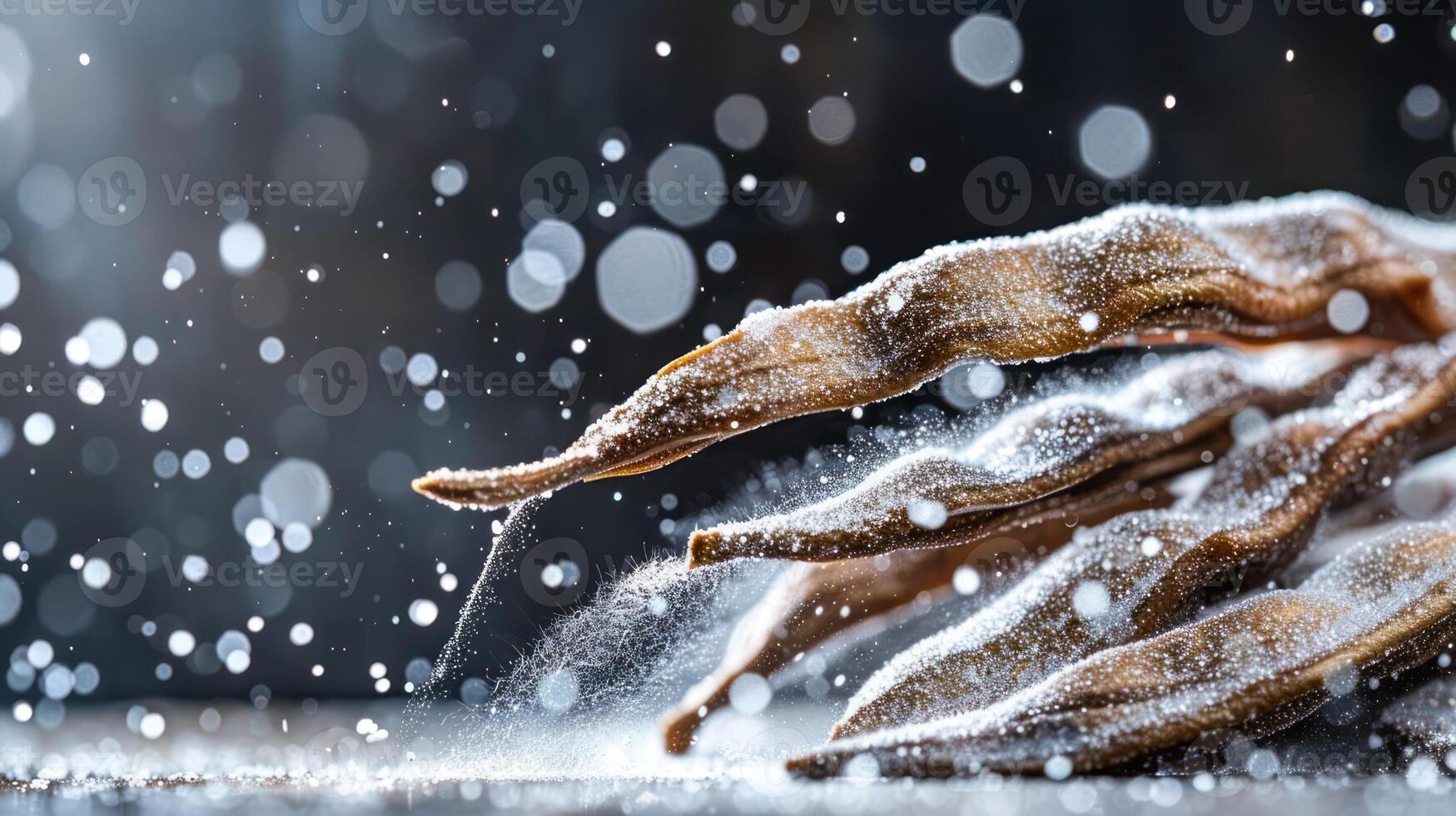 Close-up of dried pods with a sprinkle of powder, creating a dynamic, textured effect. photo