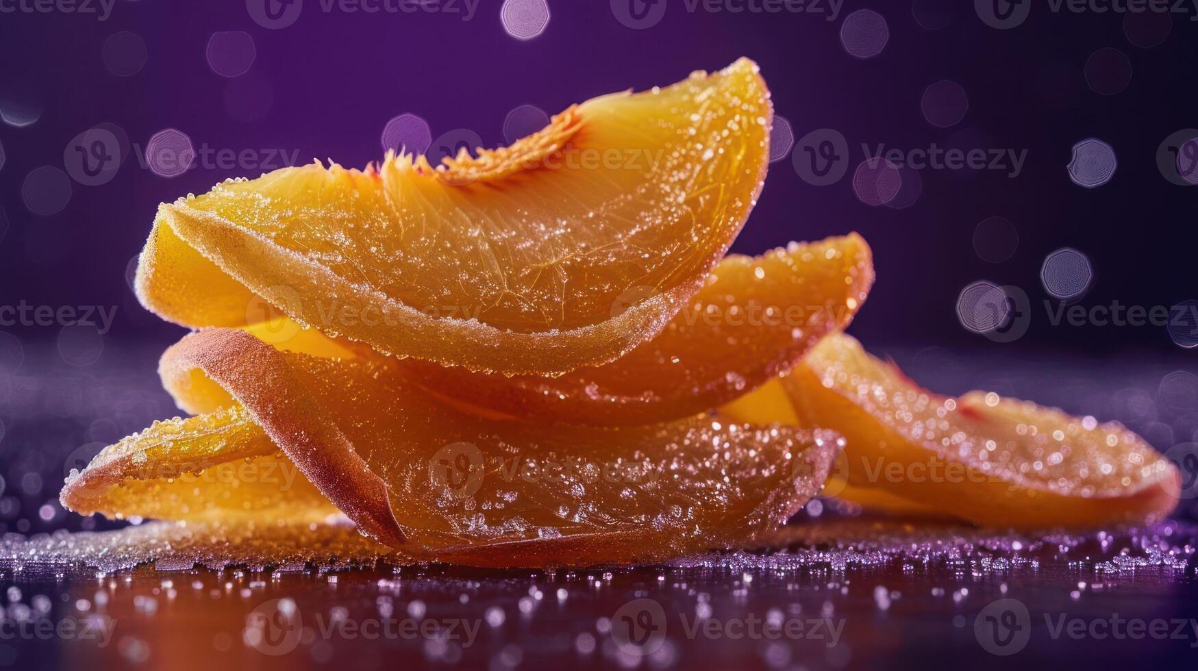A close-up of sugar-coated peach slices stacked on a dark surface with a blurred background. photo