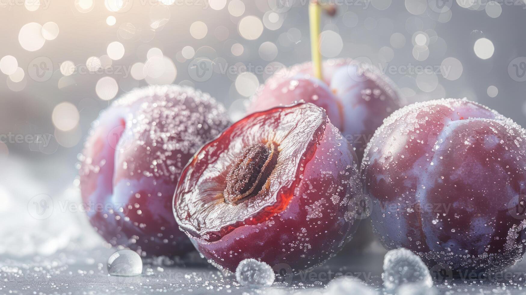 Juicy plums coated in frost, showcasing a fresh and vibrant appearance. photo