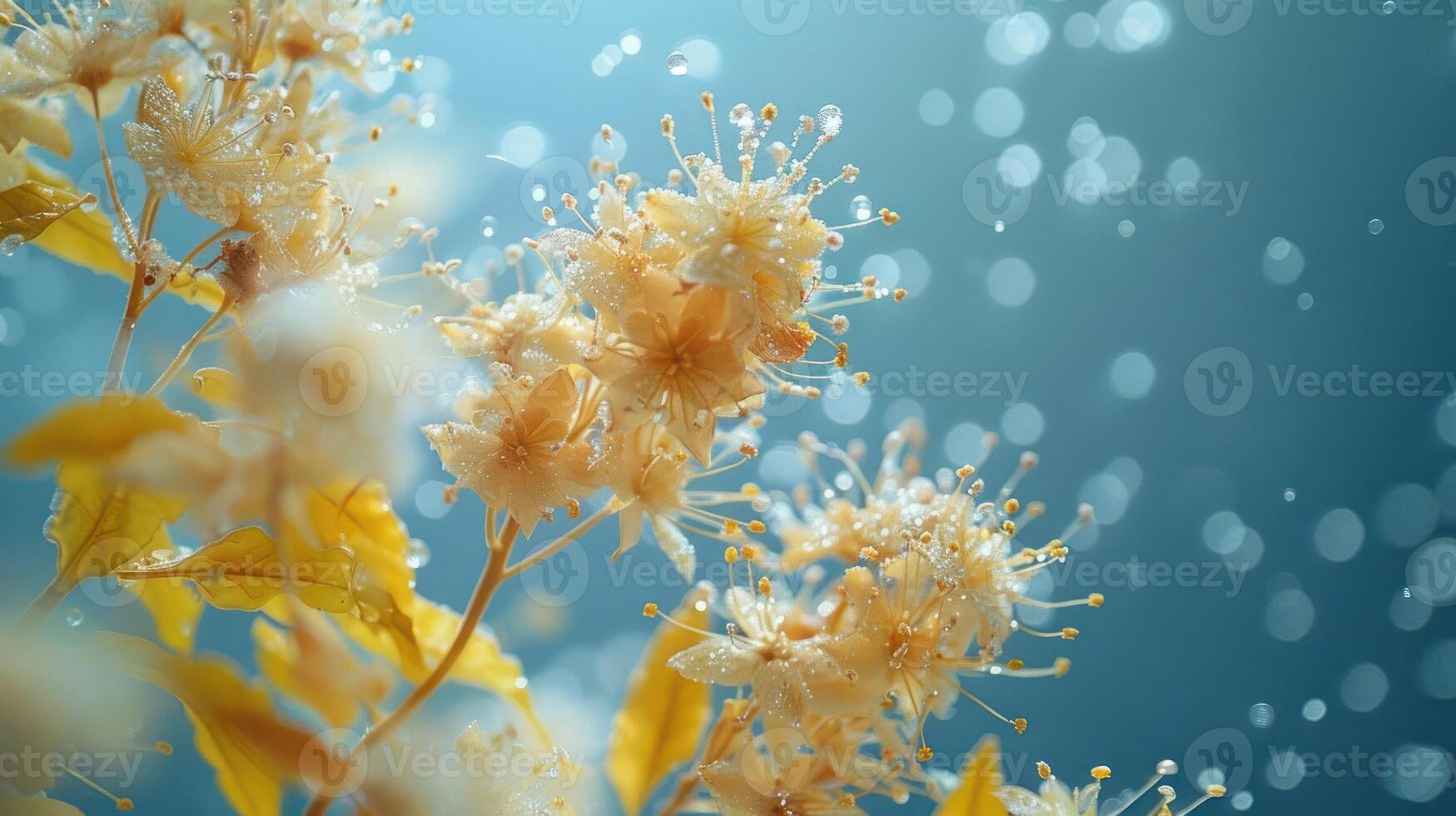 Delicate flowers with soft bokeh in a serene blue background. photo