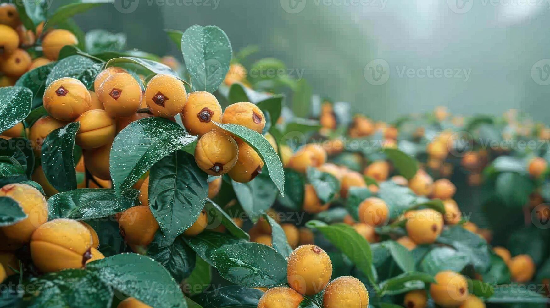 A close-up of yellow loquats on a lush green tree, glistening with moisture in a misty setting. photo