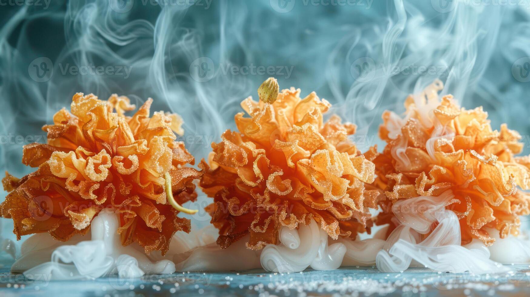 Three intricately shaped, golden fried flowers on a misty surface, creating a whimsical effect. photo
