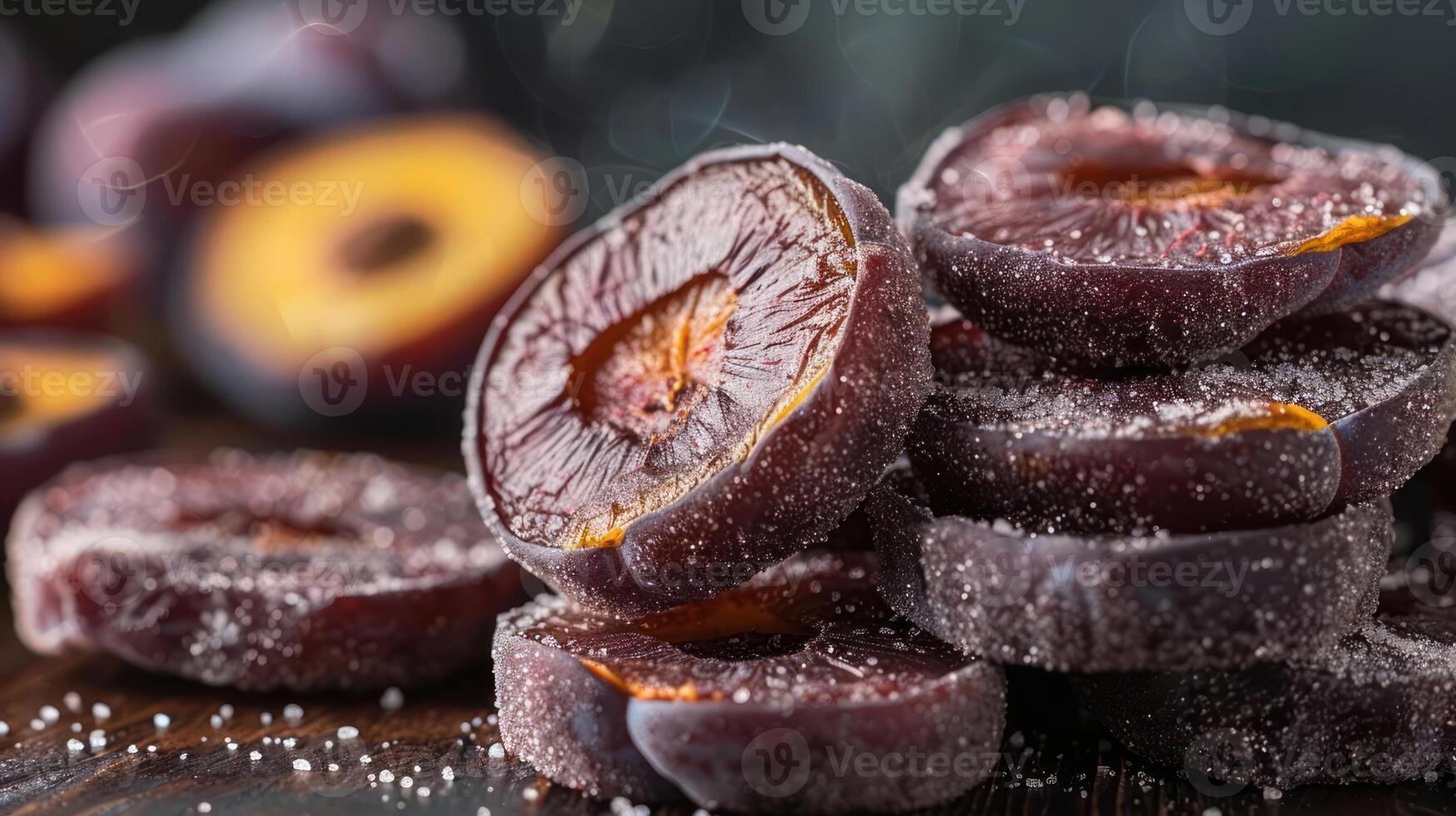A close-up of sugared plum slices stacked on a wooden surface. photo