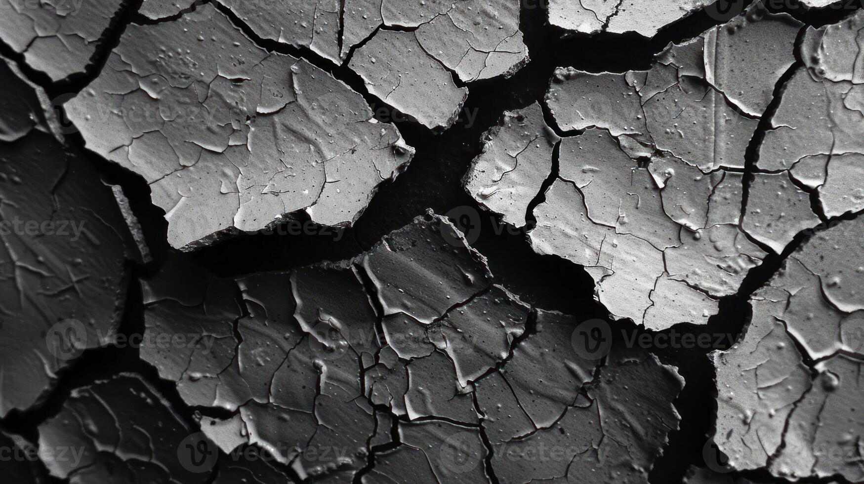 Close-up of cracked surface texture in shades of gray, highlighting natural patterns and details. photo