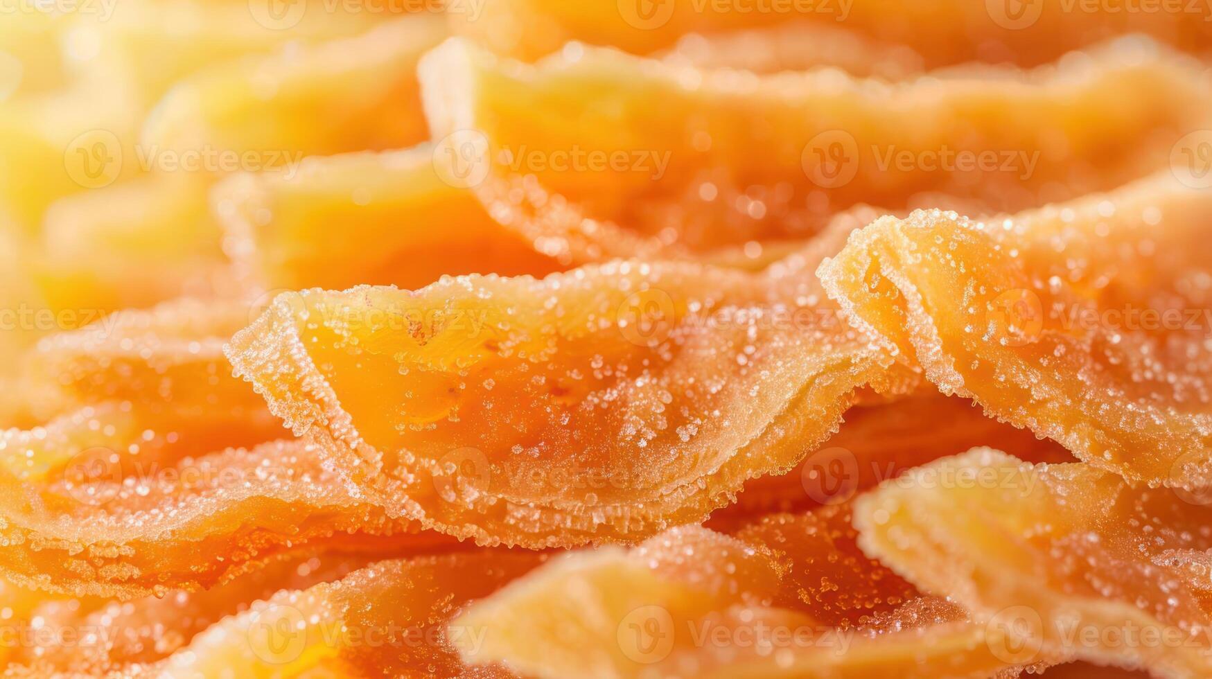 Close-up of sugary dried fruit slices, showcasing their texture and vibrant color. photo