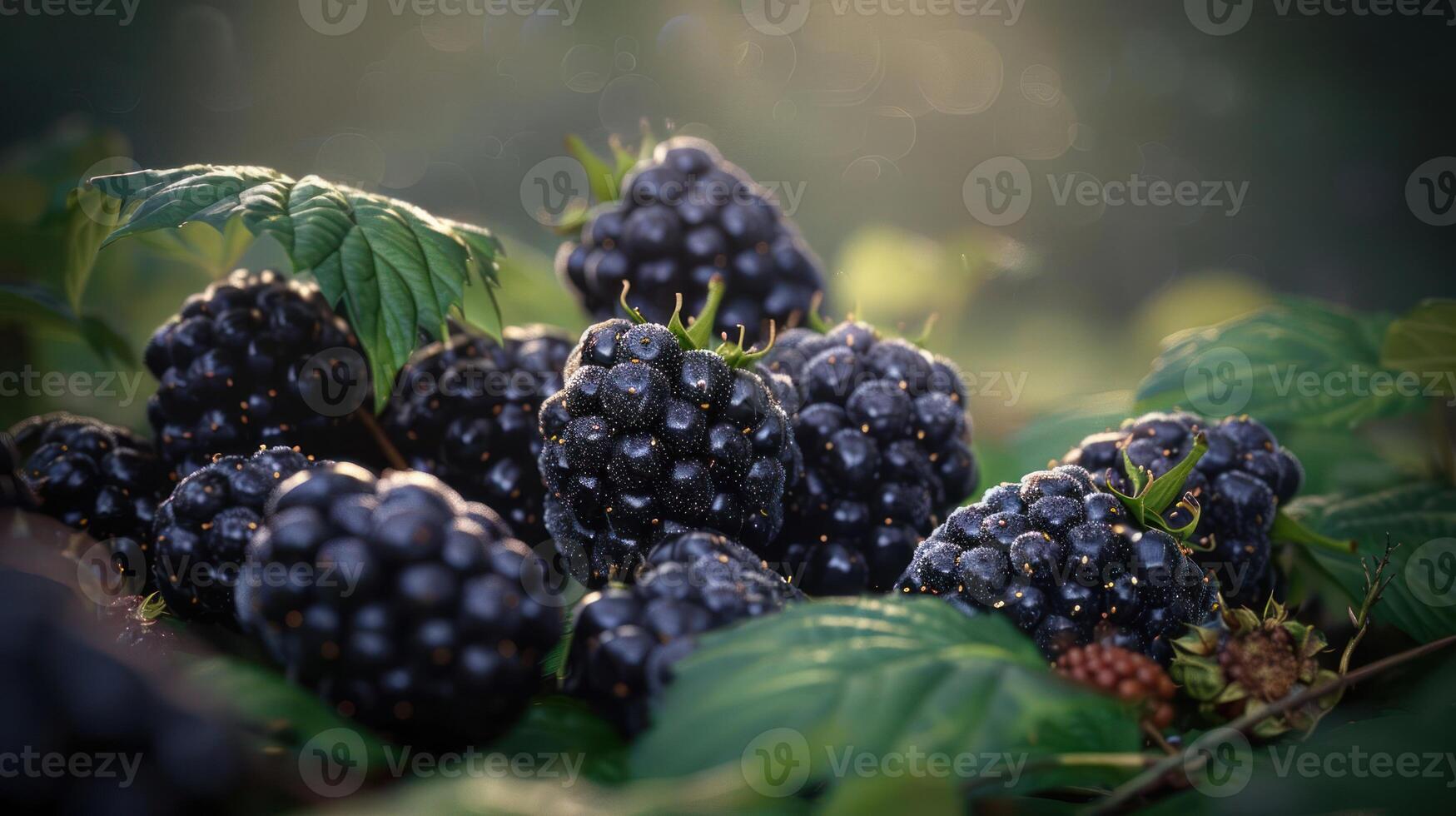 A close-up of ripe blackberries nestled among green leaves, illuminated by soft sunlight. photo