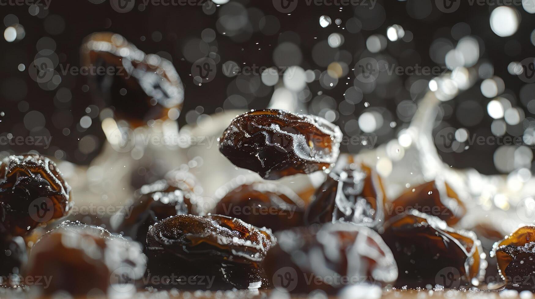 A close-up of dates splashing in water, highlighting freshness and texture. photo