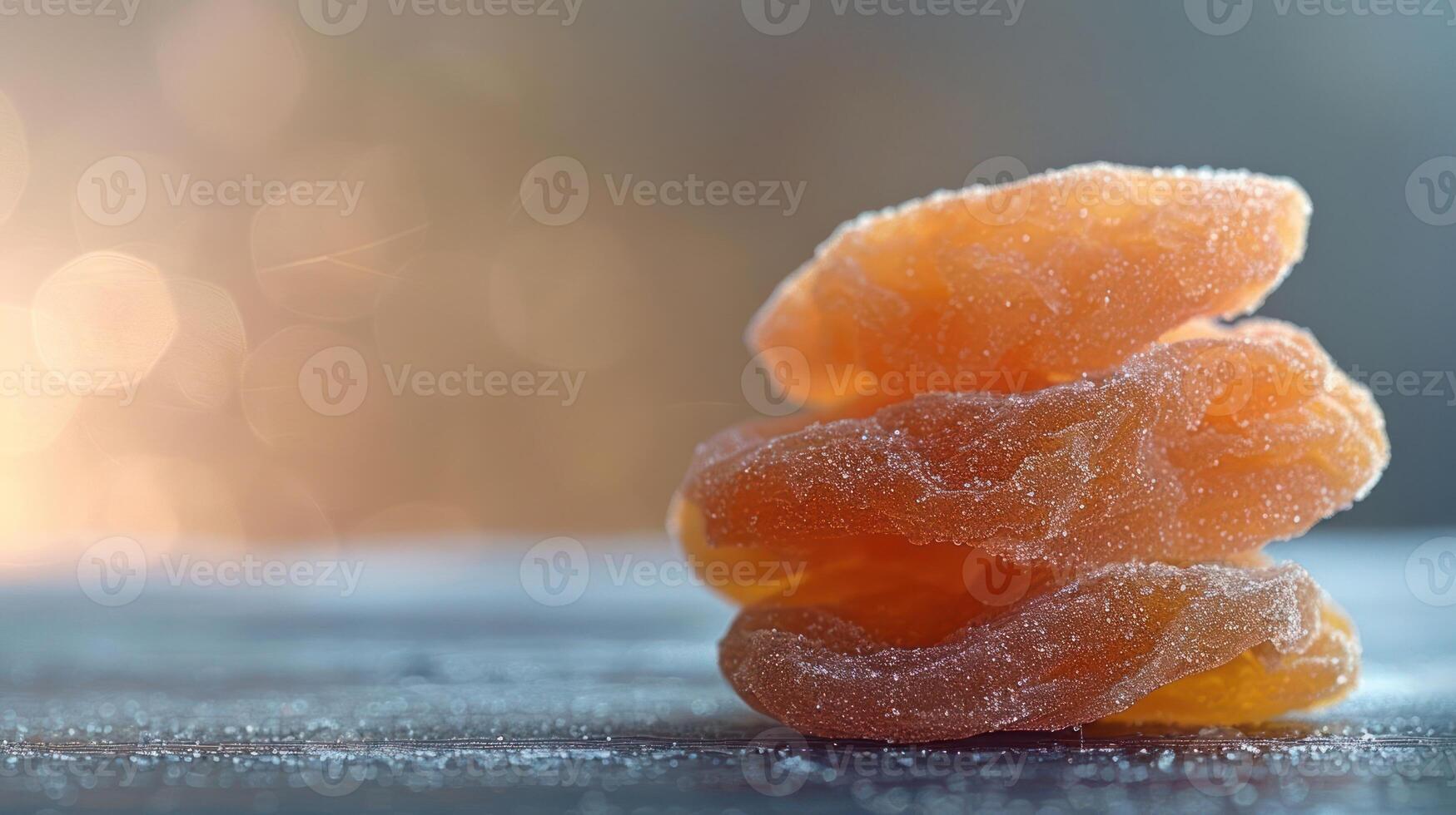 A close-up of sugar-coated dried apricots stacked on a surface with a blurred background. photo