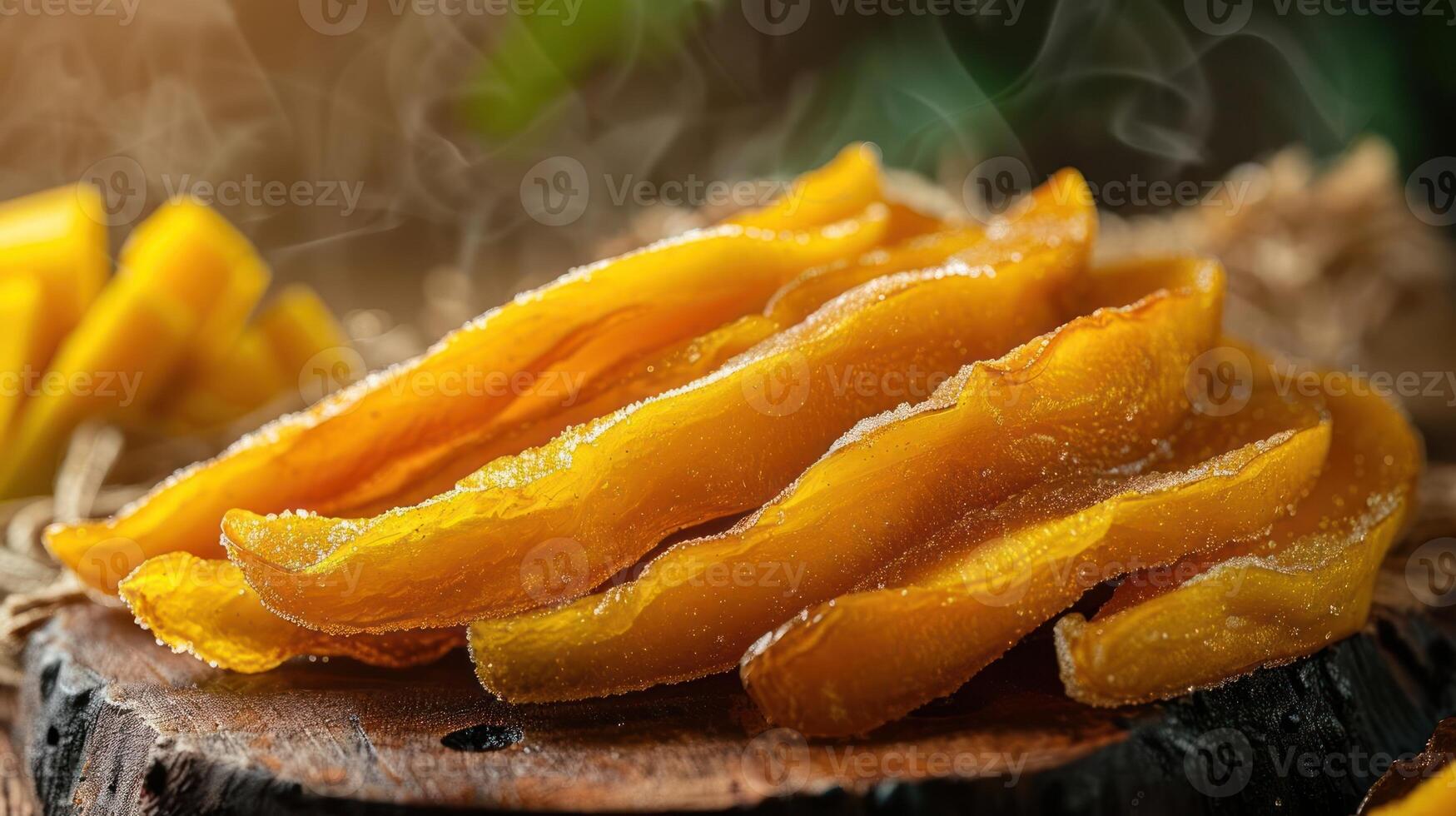 A close-up of golden, glistening dried mango slices on a wooden surface. photo