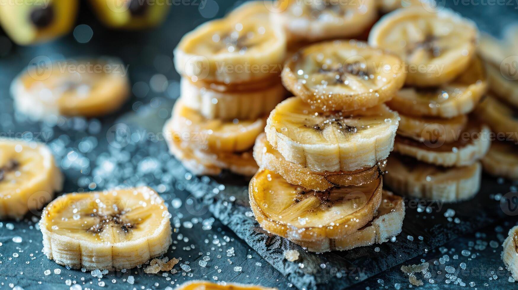 Stacked caramelized banana slices sprinkled with sugar on a dark surface. photo