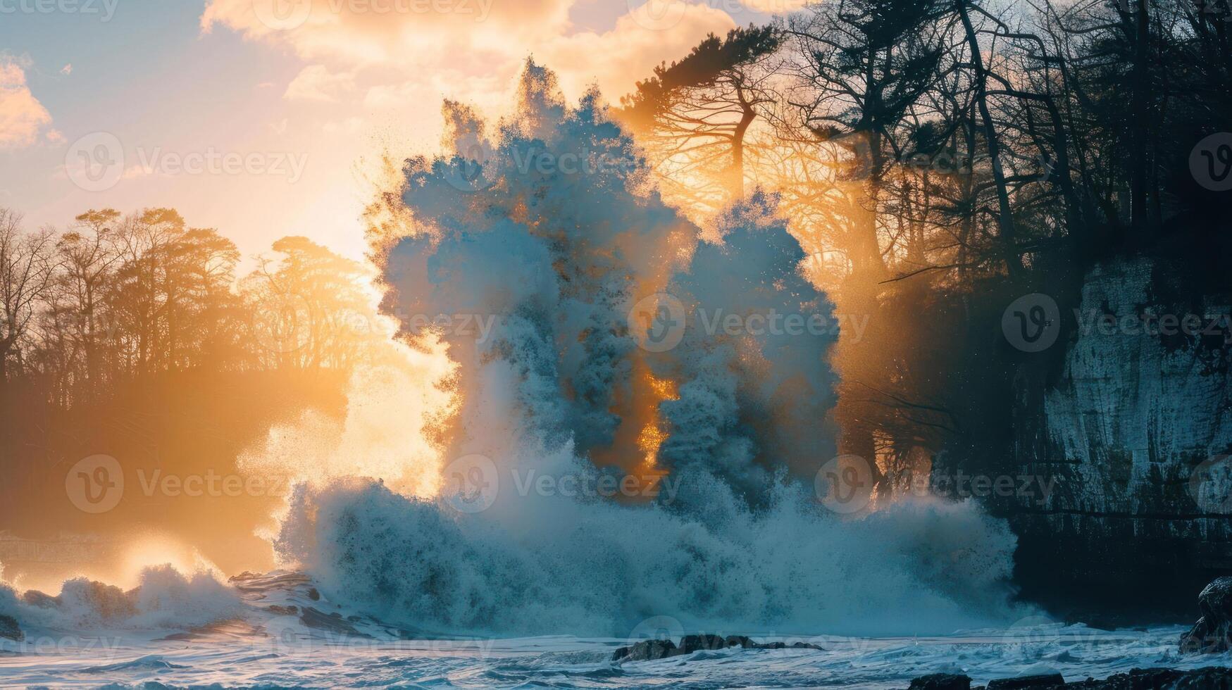 A dramatic seascape featuring crashing waves and sunlight filtering through misty spray. photo