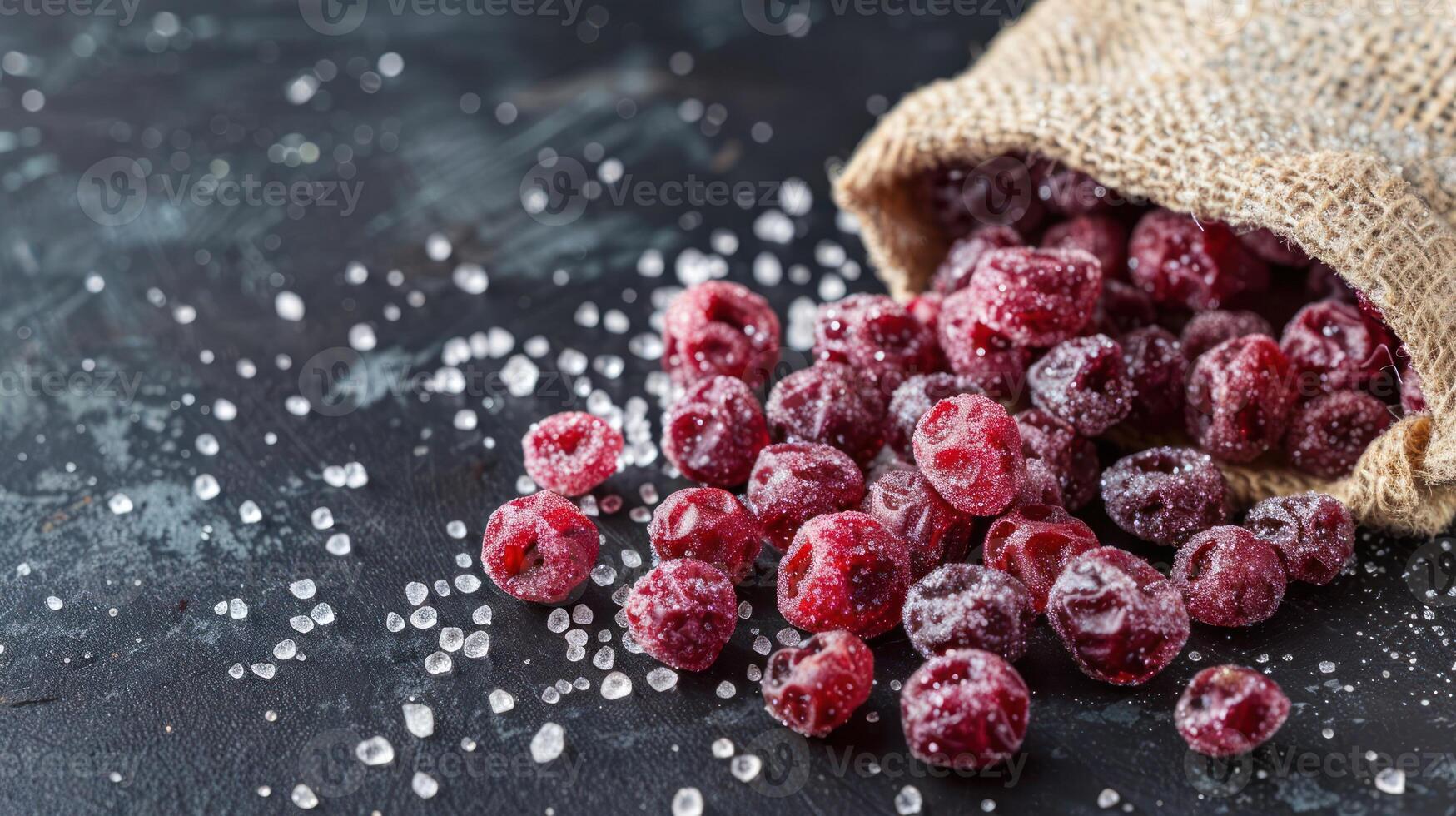 A burlap sack spilling frozen red berries onto a dark surface, accented with sugar crystals. photo