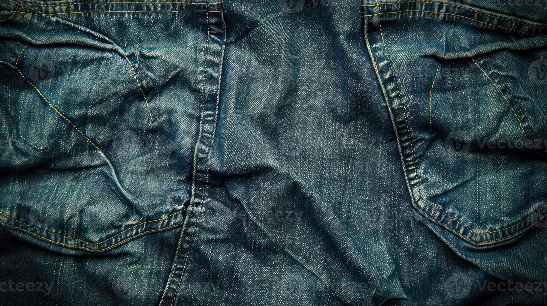 Close-up of wrinkled denim fabric with pockets. photo