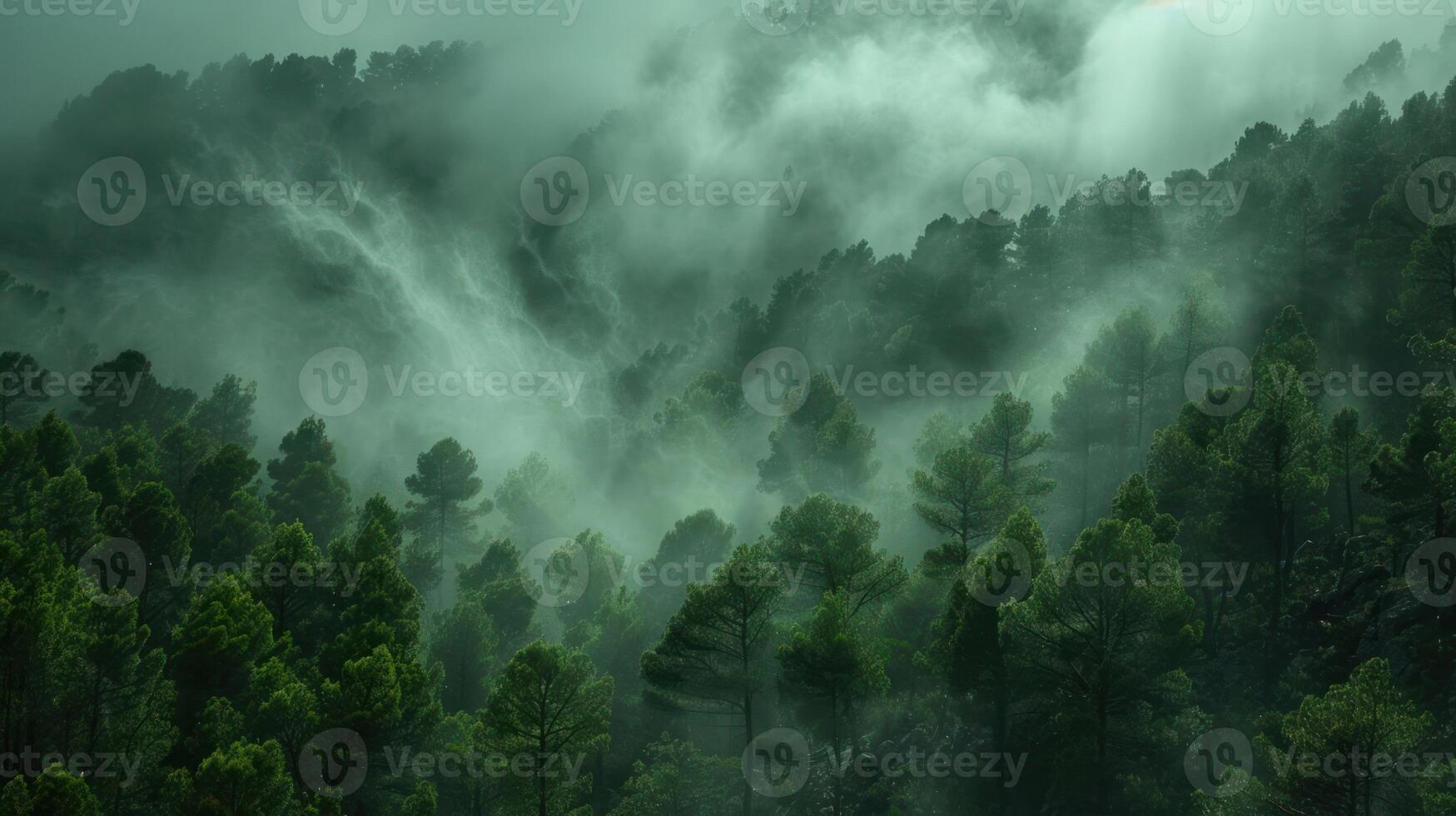 A misty forest landscape with dense trees and ethereal fog creating a serene atmosphere. photo