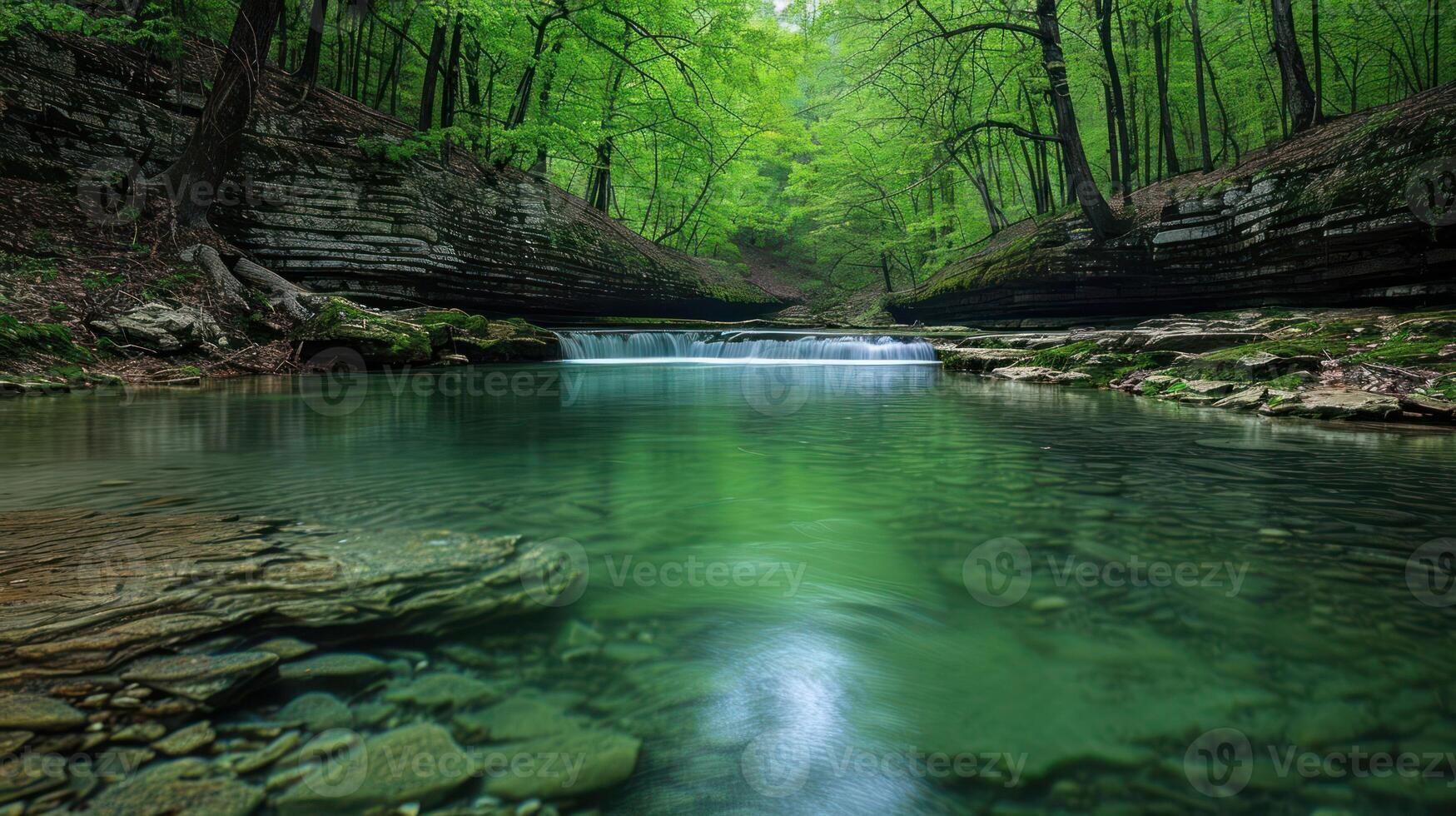 Serene forest landscape with a tranquil stream and lush greenery. photo