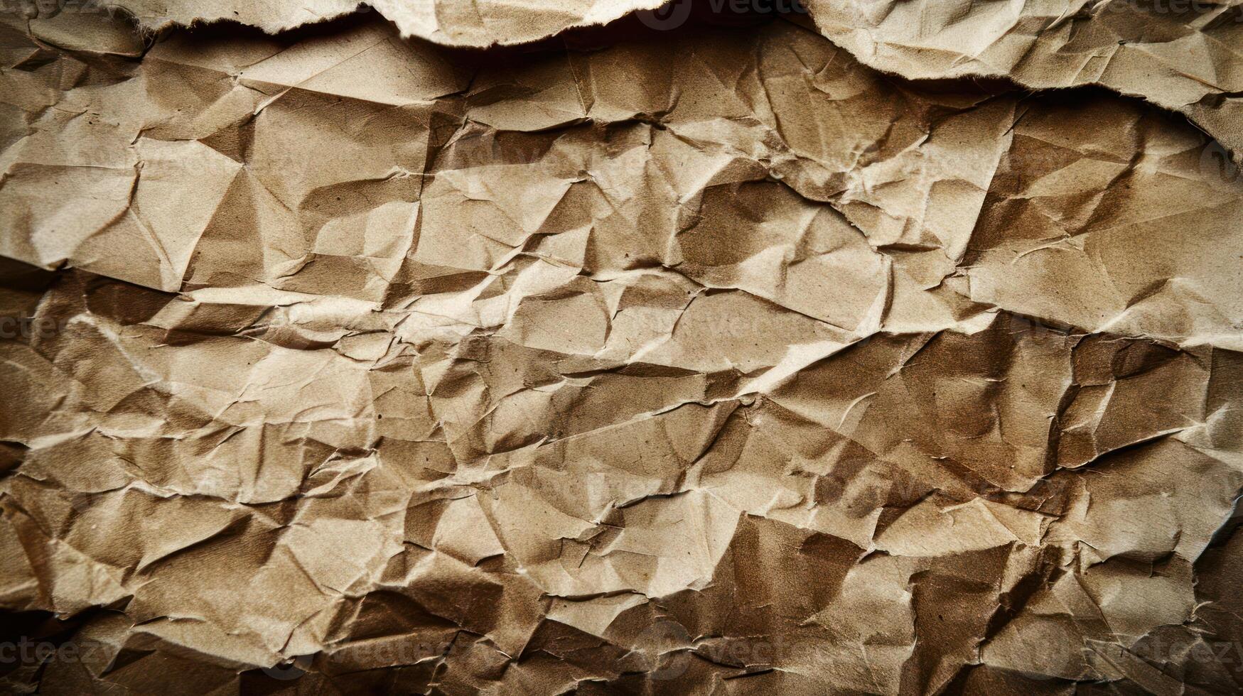 A close-up view of crumpled brown paper, showcasing texture and depth. photo