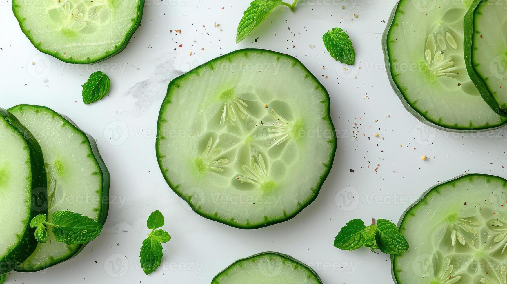 Fresh cucumber slices arranged with mint leaves on a light background. photo