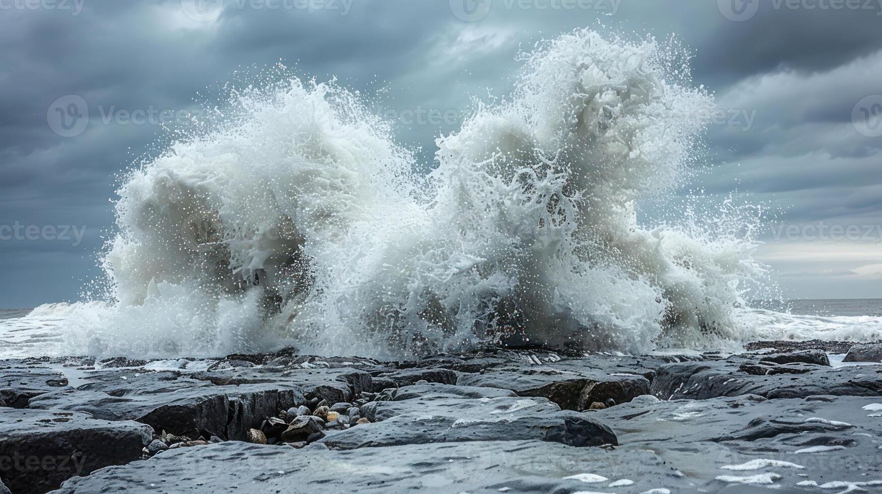 Powerful ocean waves crashing against rocky shore under a moody sky. photo