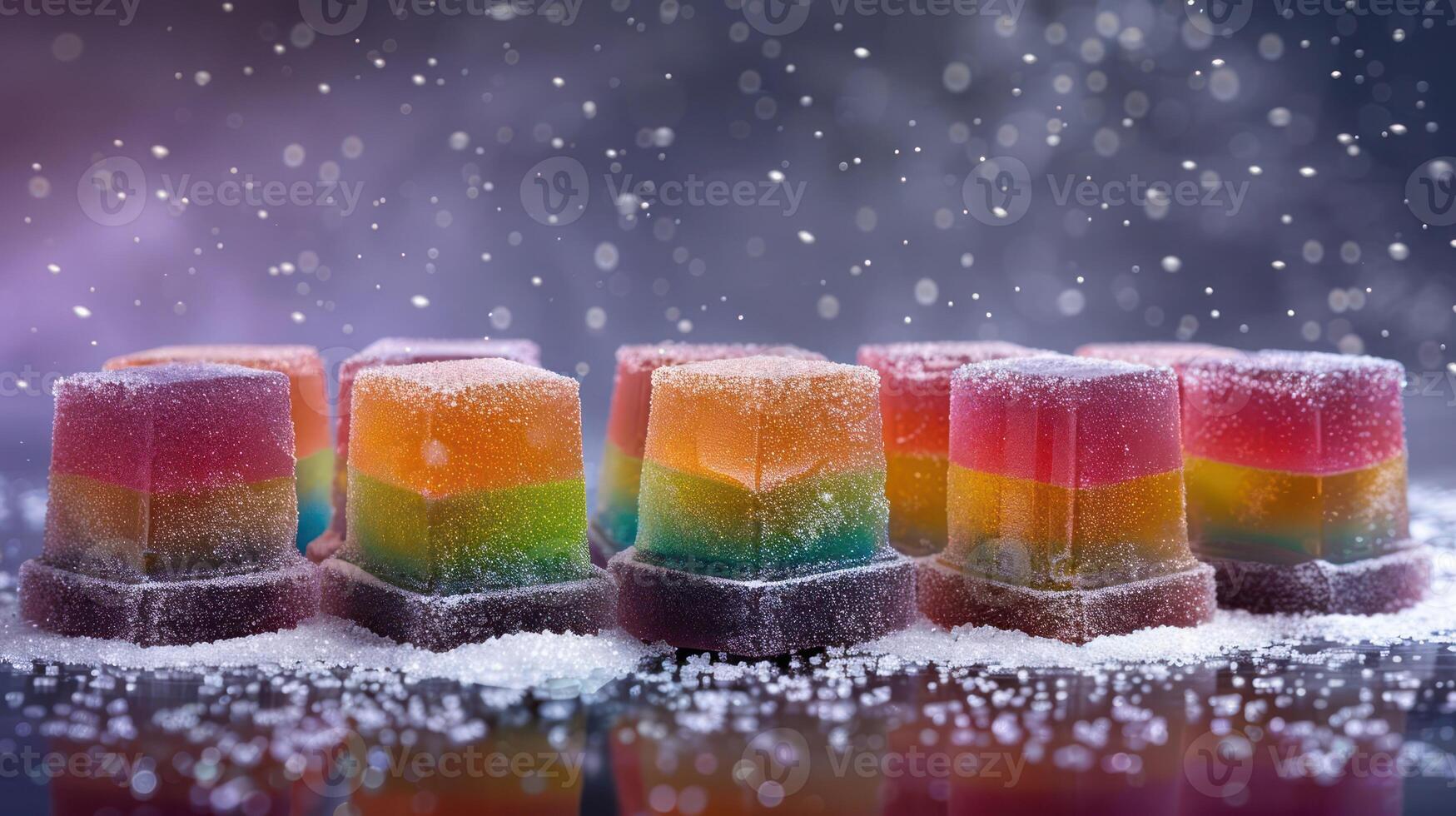 Colorful layered jelly cubes with a snowy background, creating a whimsical dessert scene. photo