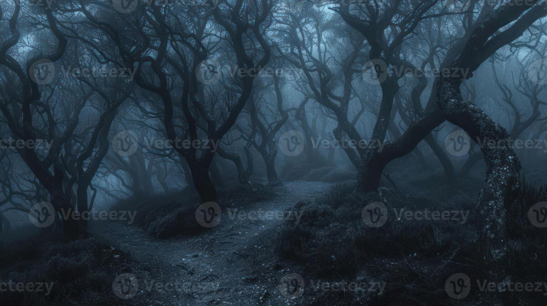 A misty forest path with twisted trees, evoking a mysterious and eerie atmosphere. photo