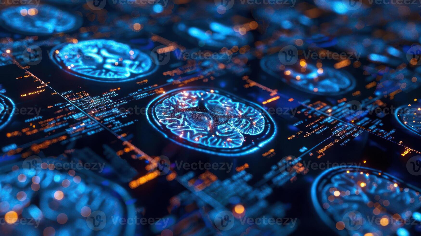 A digital representation of cryptocurrency coins with glowing circuits and data patterns. photo