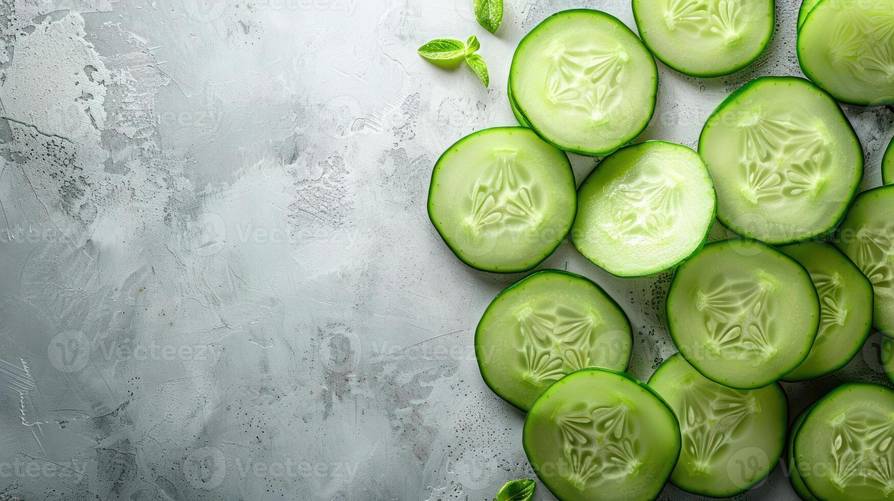 Sliced cucumbers arranged on a textured surface, showcasing freshness and healthy eating. photo