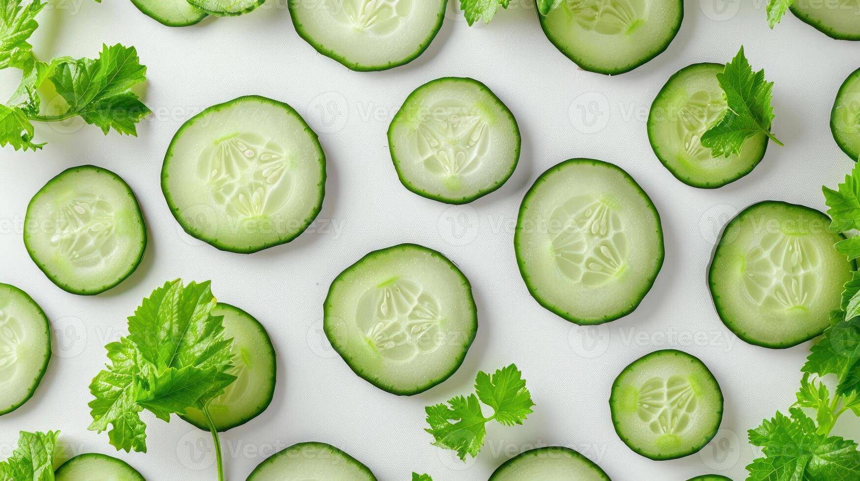 Fresh cucumber slices and green leaves arranged artistically on a white background. photo