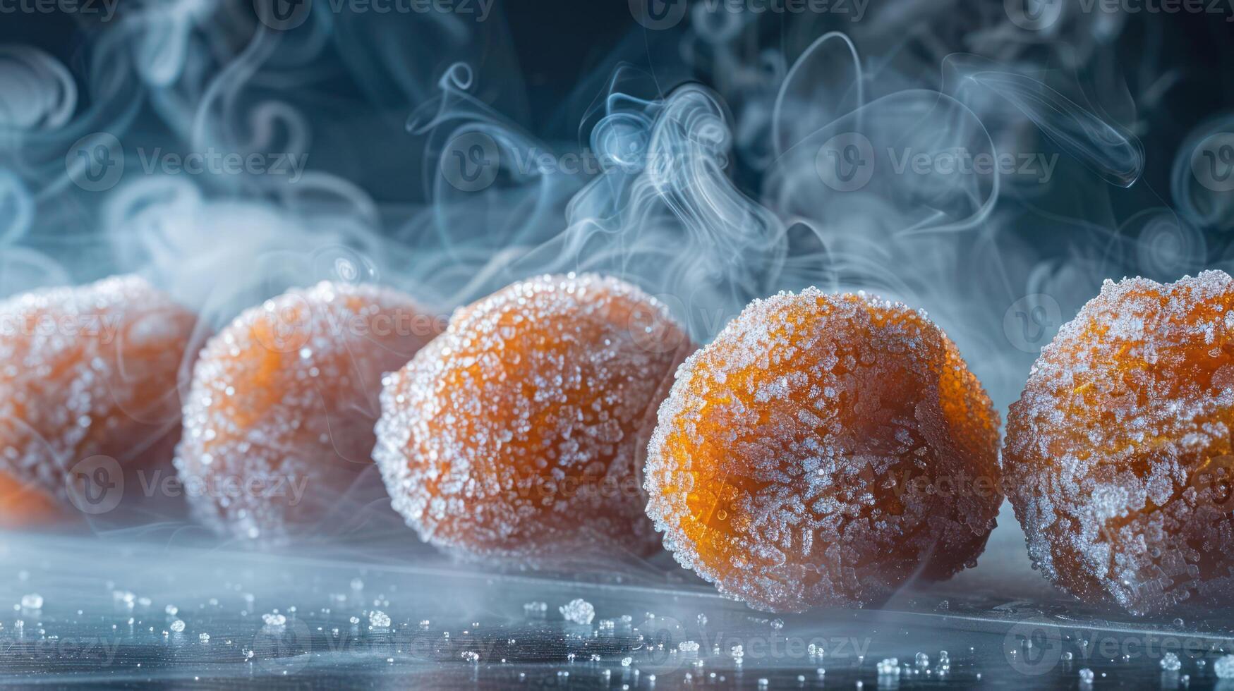 A close-up of sugar-coated balls surrounded by mist, showcasing a dessert presentation. photo
